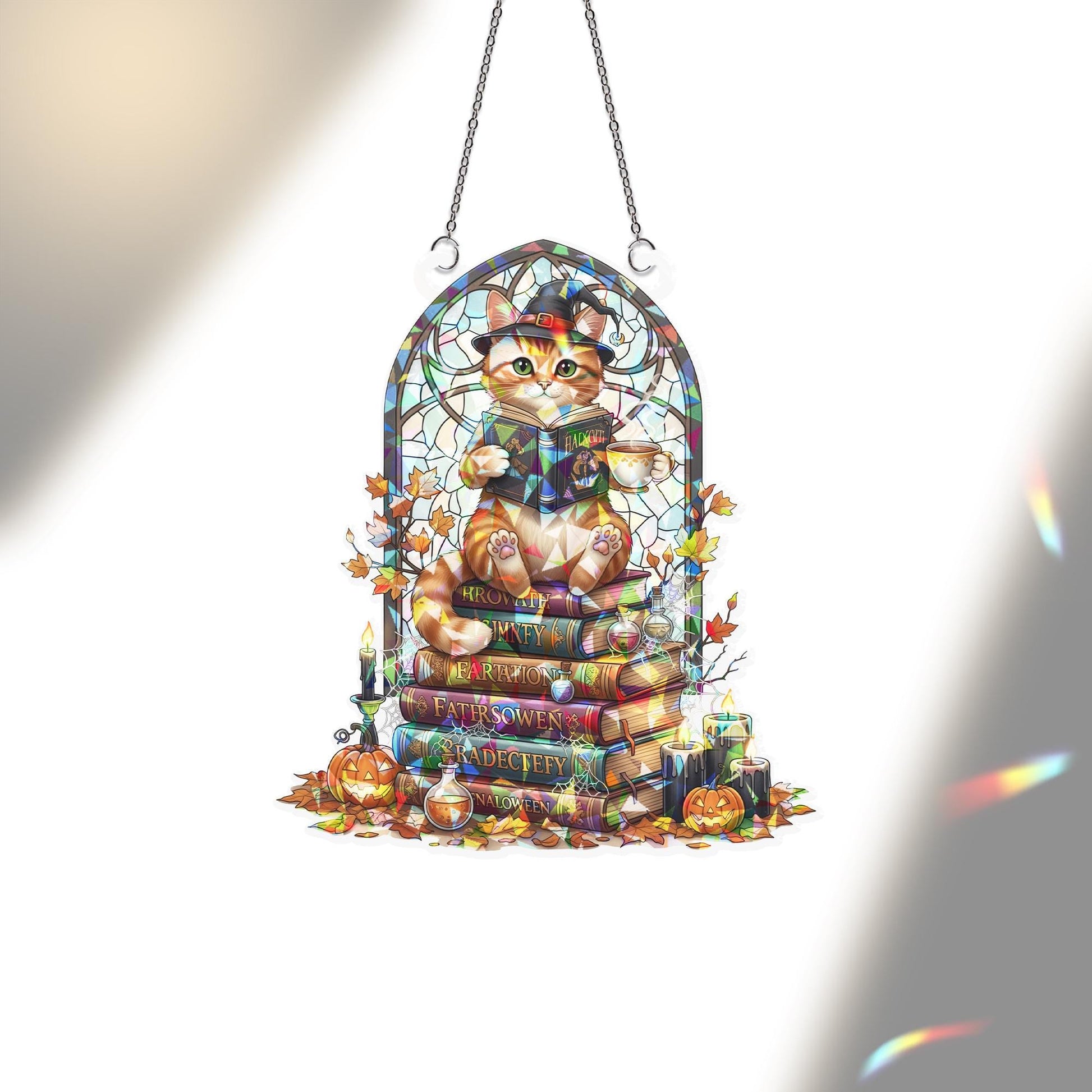 Stained Glass Witch Cat Suncatcher – Halloween Book Stack Window Decor, Cute Fall Cat Gift