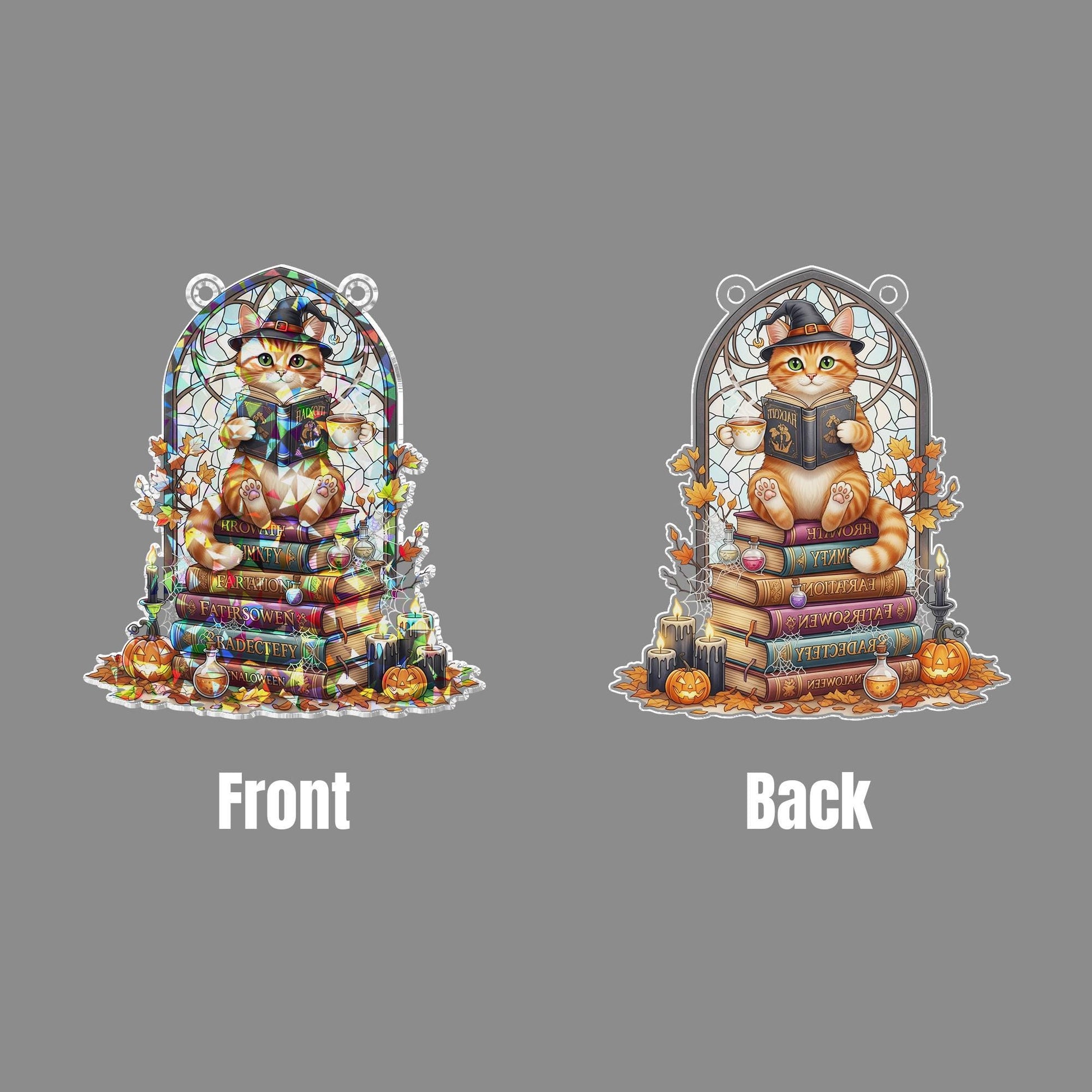 Stained Glass Witch Cat Suncatcher – Halloween Book Stack Window Decor, Cute Fall Cat Gift