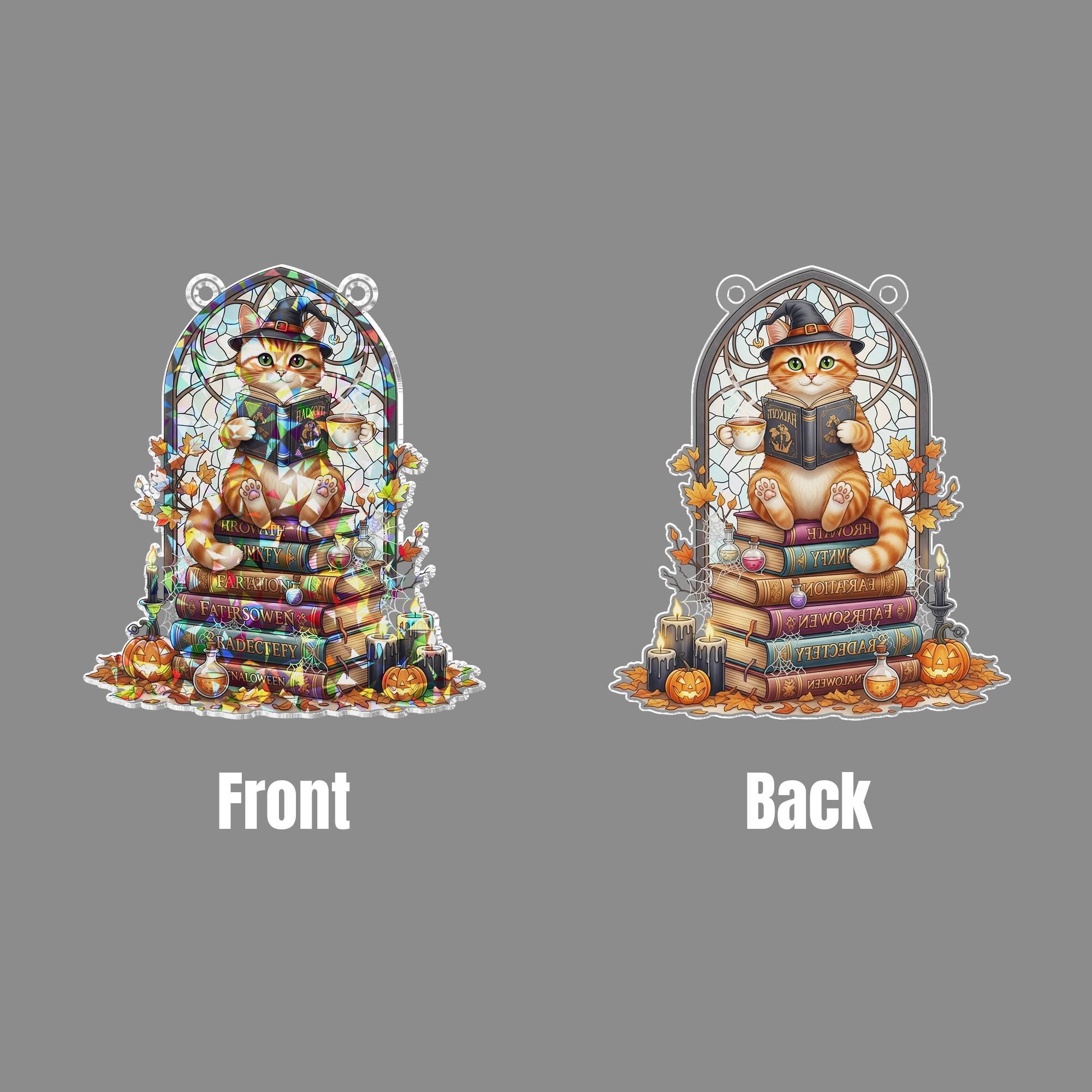 Stained Glass Witch Cat Suncatcher – Halloween Book Stack Window Decor, Cute Fall Cat Gift