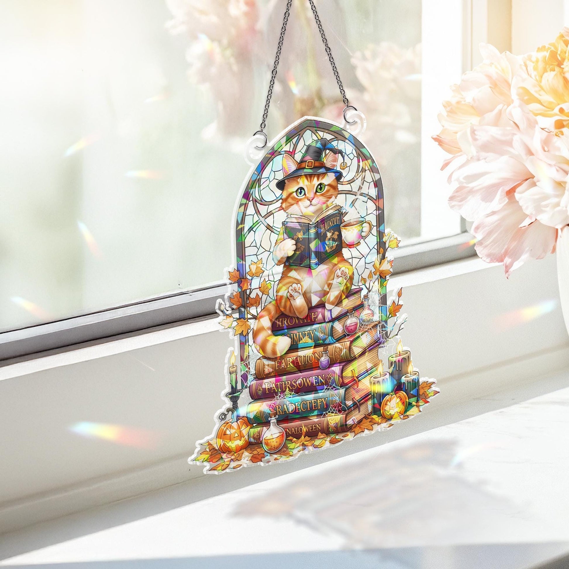 Stained Glass Witch Cat Suncatcher – Halloween Book Stack Window Decor, Cute Fall Cat Gift