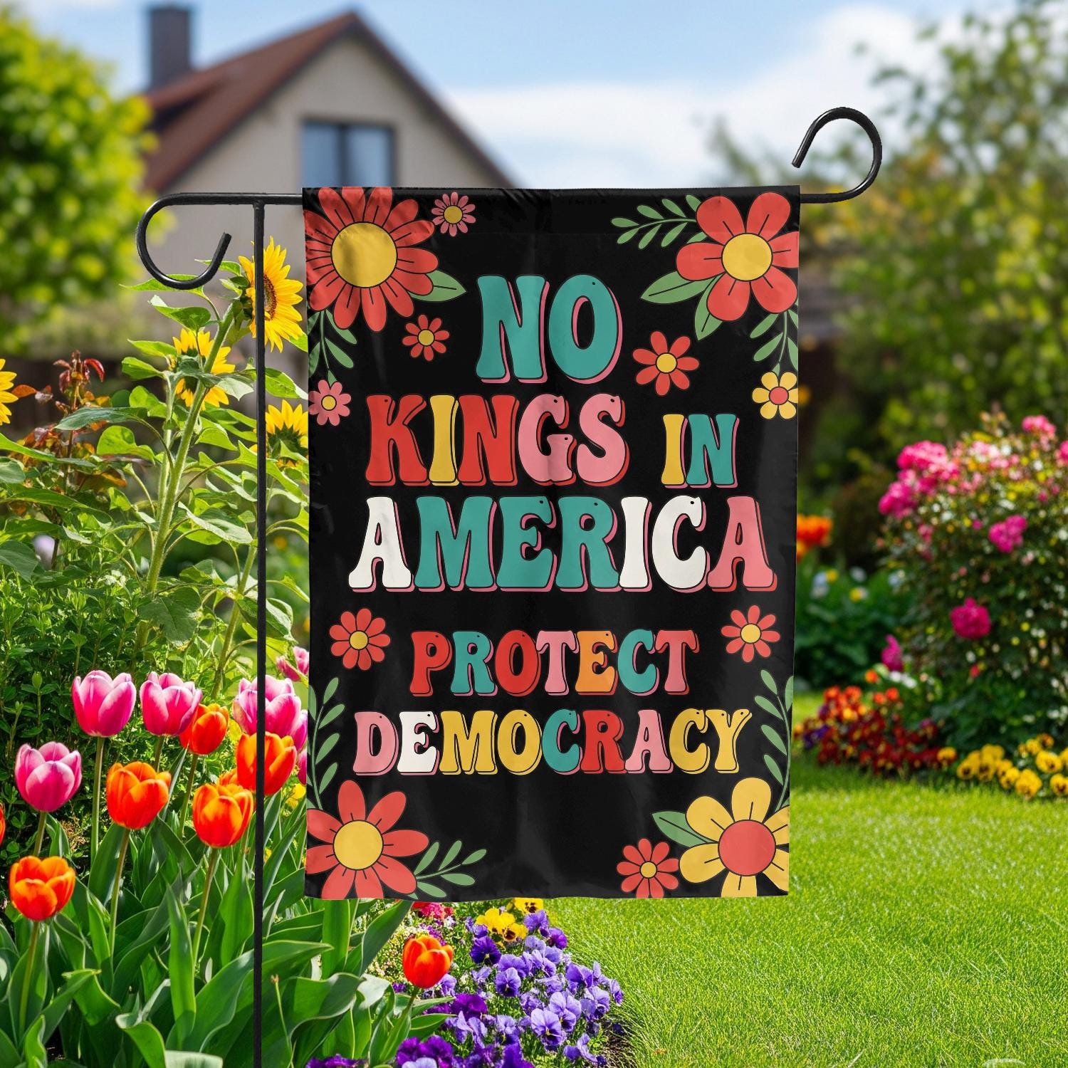 No Kings in America Garden Flag – Retro Floral Protect Democracy Yard Sign, Patriotic Political Outdoor Decor, America Garden Flag