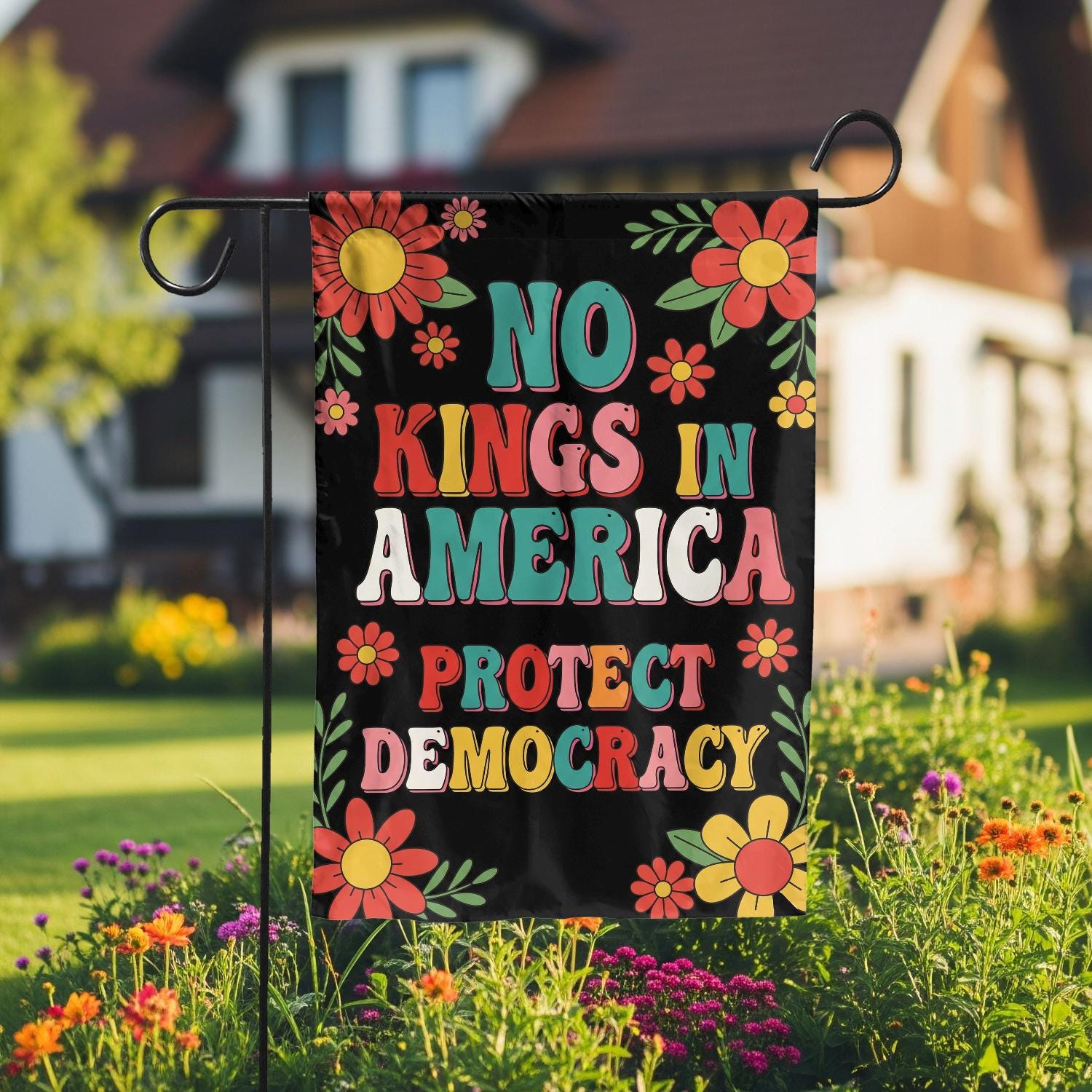 No Kings in America Garden Flag – Retro Floral Protect Democracy Yard Sign, Patriotic Political Outdoor Decor, America Garden Flag