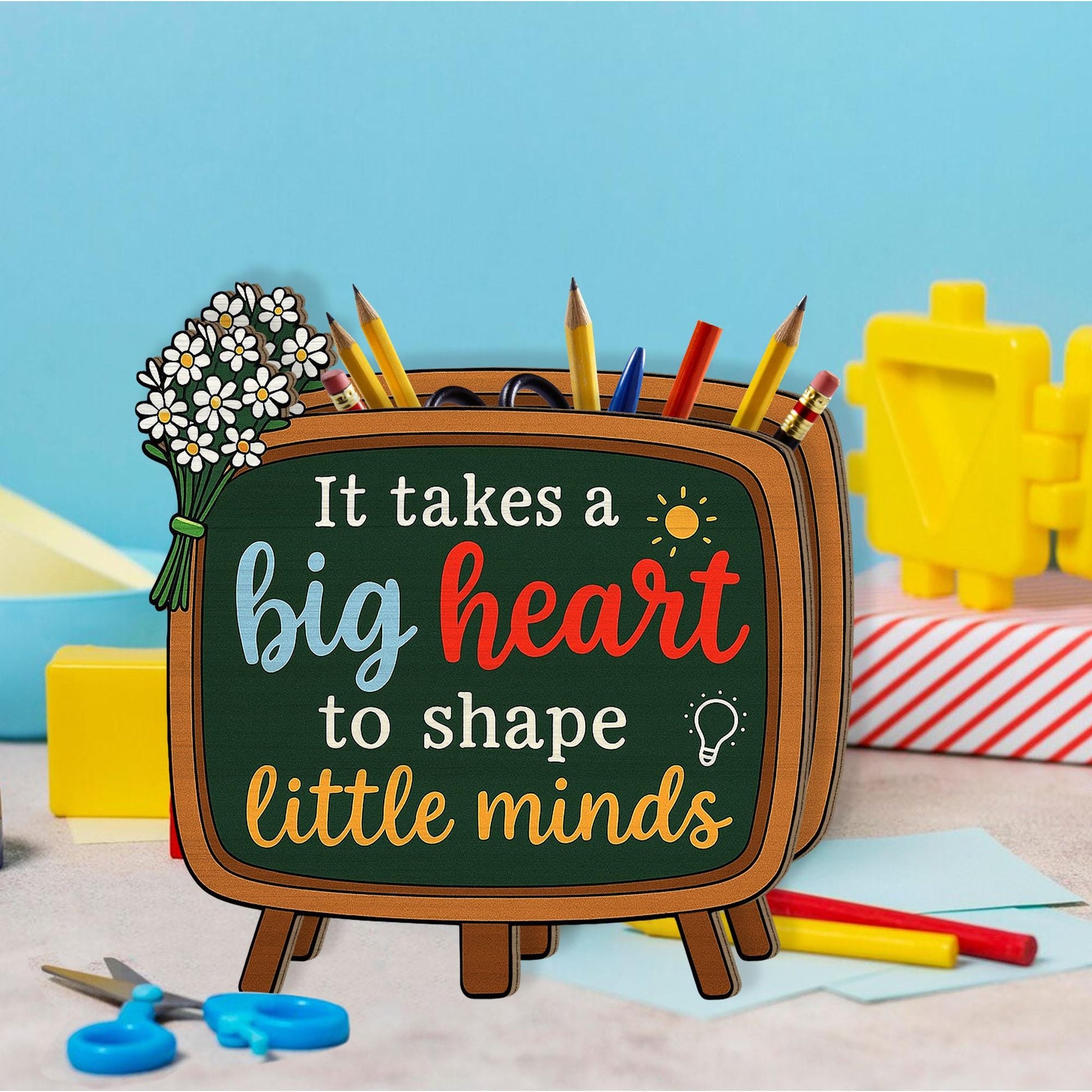 Teacher Pencil Chalkboard Desk Holder Gift, Teacher Pencil Holder, Classroom Decor, Big Heart Little Minds Teacher Gift