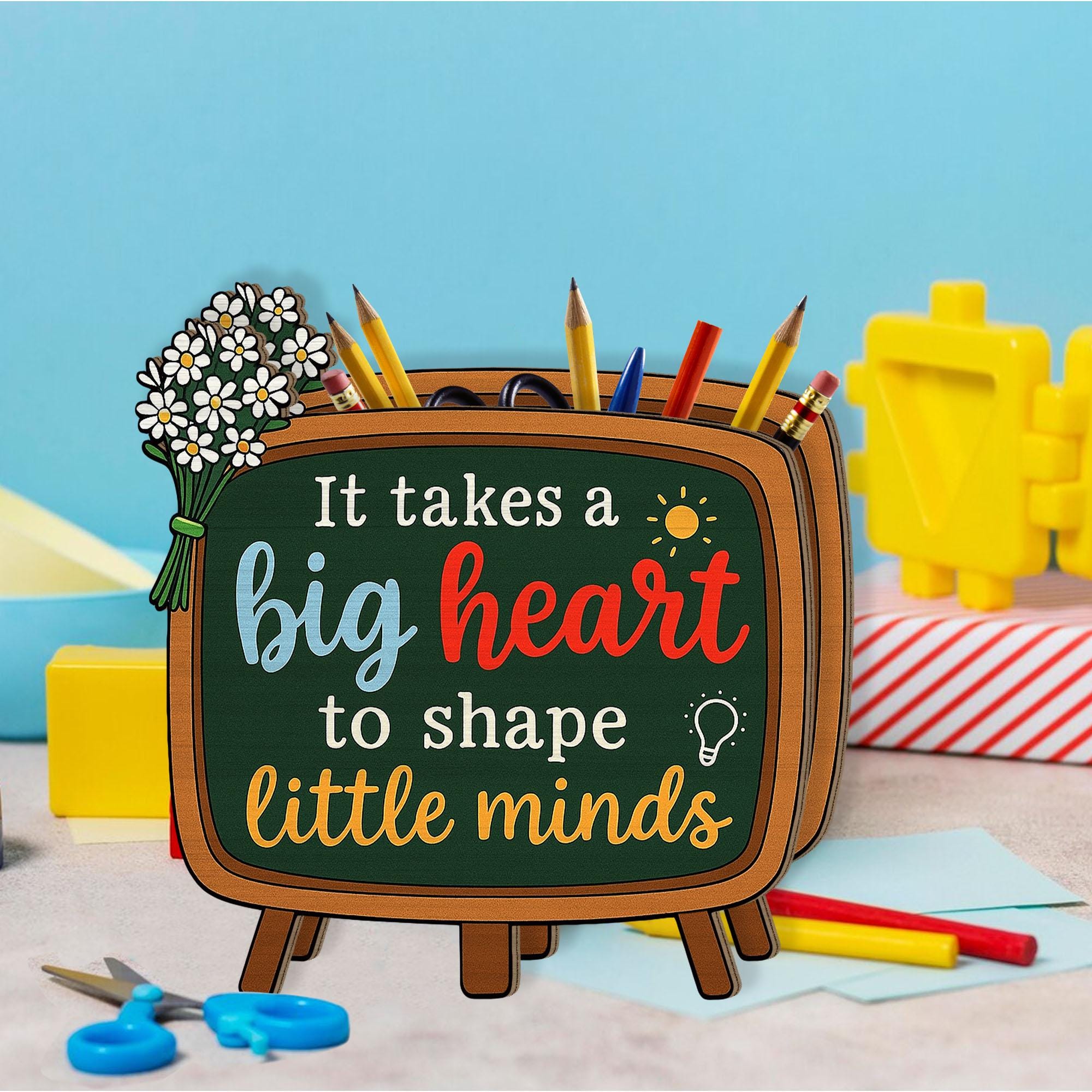 Teacher Pencil Chalkboard Desk Holder Gift, Teacher Pencil Holder, Classroom Decor, Big Heart Little Minds Teacher Gift