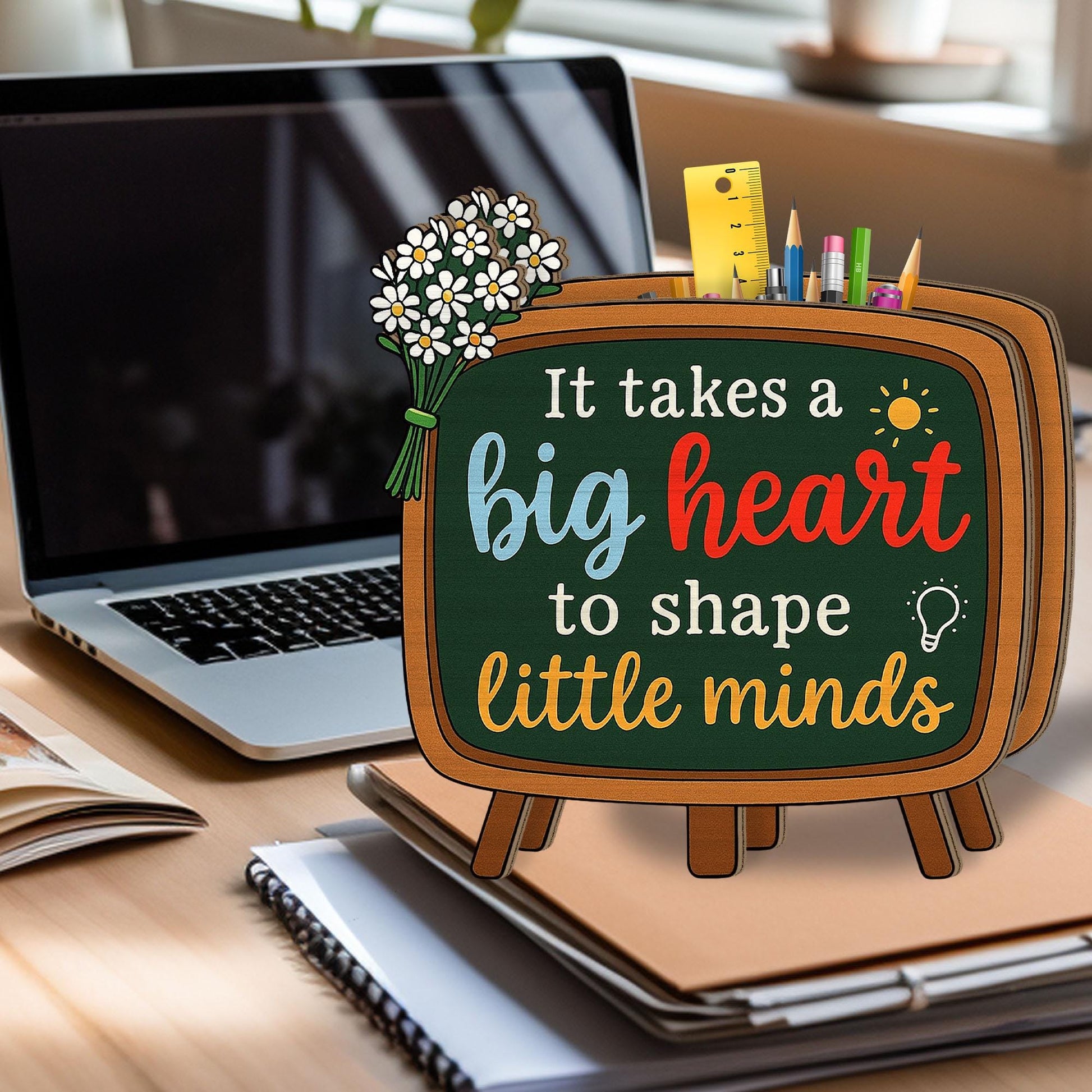 Teacher Pencil Chalkboard Desk Holder Gift, Teacher Pencil Holder, Classroom Decor, Big Heart Little Minds Teacher Gift