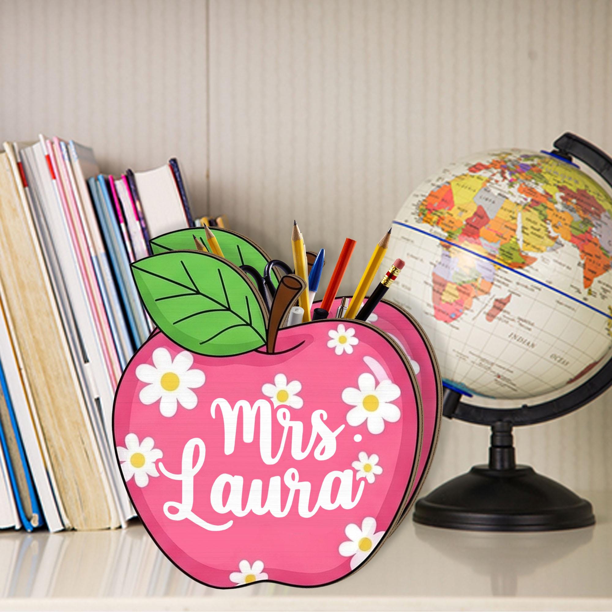 Custom Teacher Pencil Holder, Personalized Apple Desk Organizer, Floral Teacher Gift, Back to School Classroom Decor