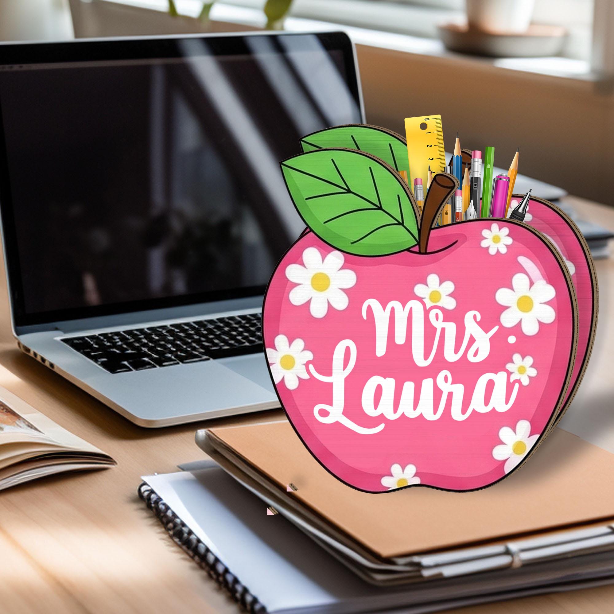 Custom Teacher Pencil Holder, Personalized Apple Desk Organizer, Floral Teacher Gift, Back to School Classroom Decor