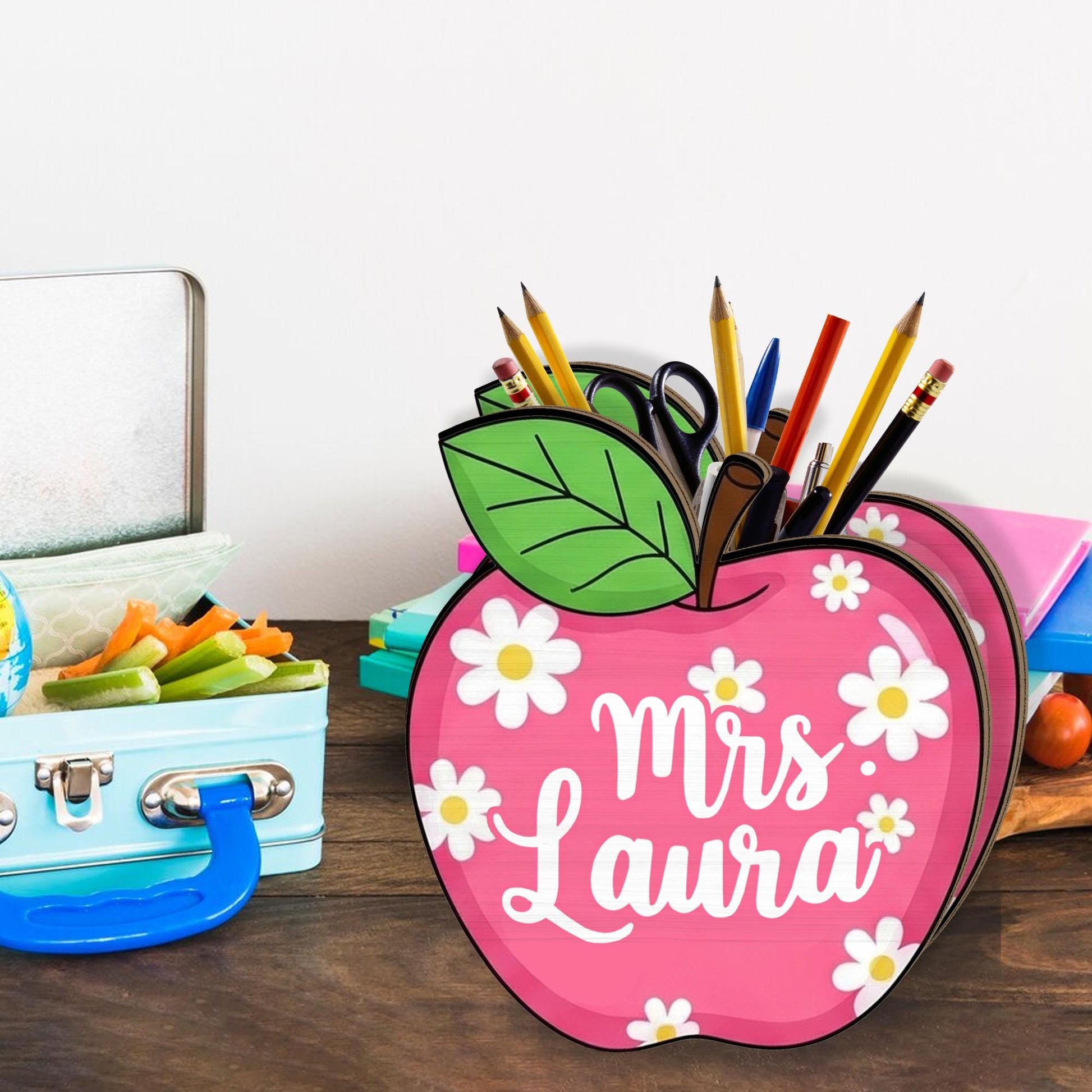 Custom Teacher Pencil Holder, Personalized Apple Desk Organizer, Floral Teacher Gift, Back to School Classroom Decor