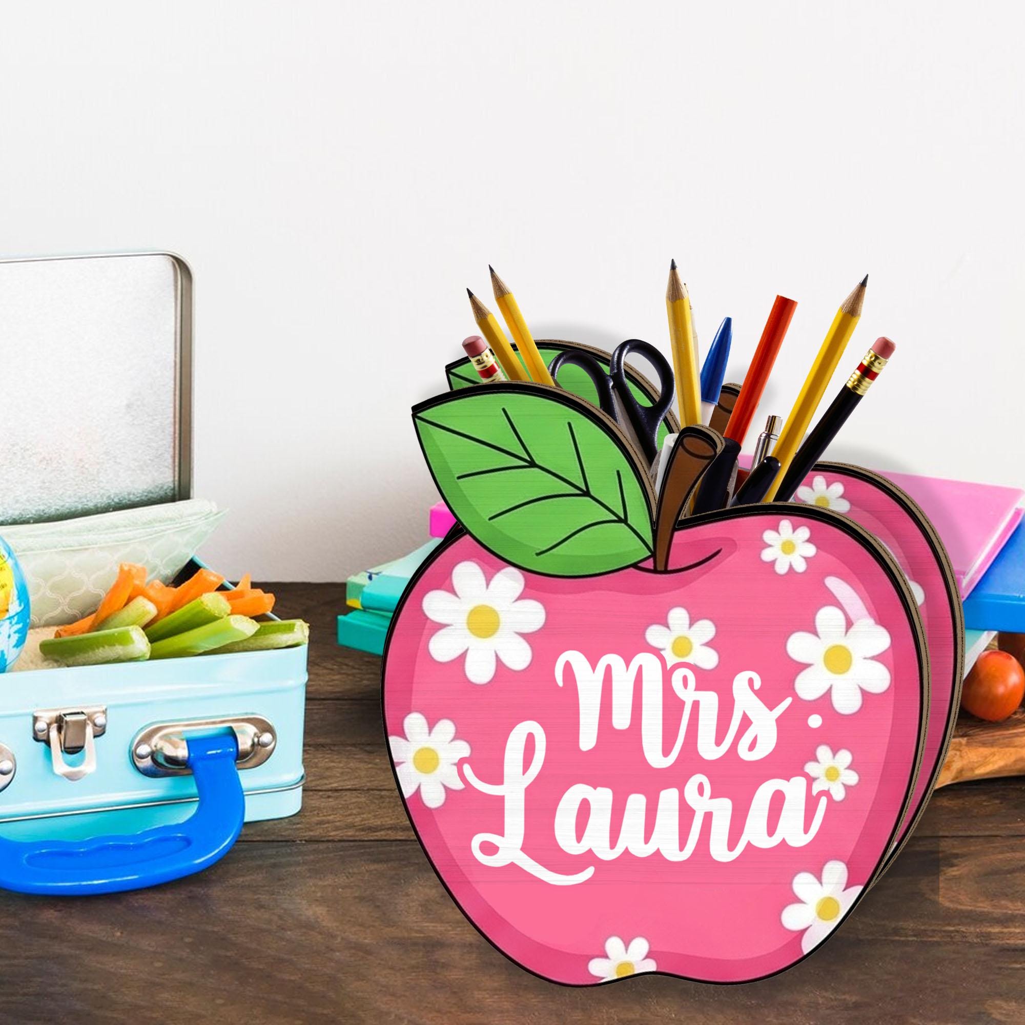 Custom Teacher Pencil Holder, Personalized Apple Desk Organizer, Floral Teacher Gift, Back to School Classroom Decor