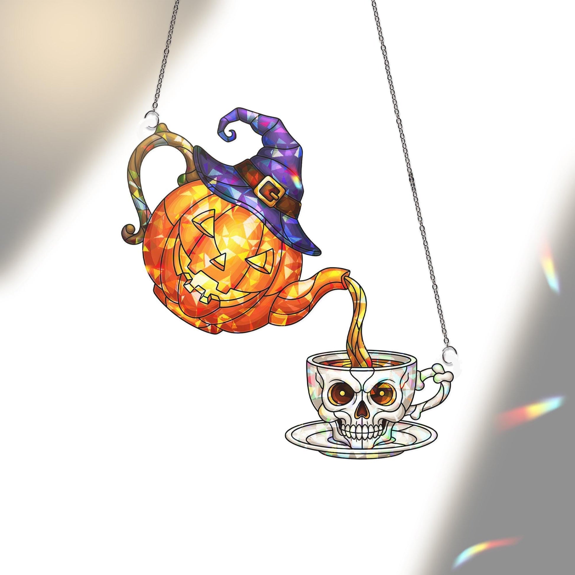 Halloween Stained Glass Suncatcher – Pumpkin Teapot & Skull Teacup Window Decor, Witchy Gothic Fall Decoration, Spooky Tea Party Gift