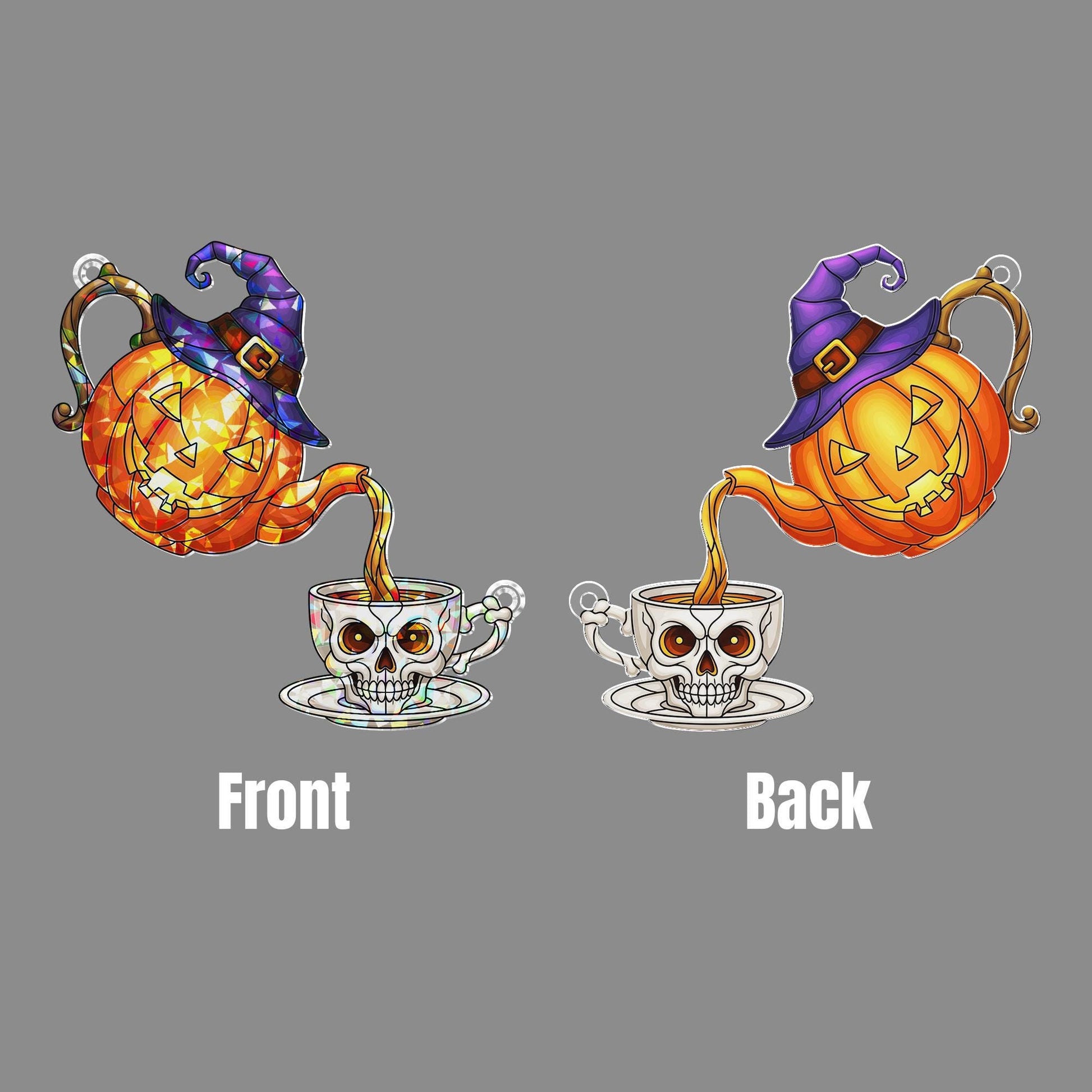 Halloween Stained Glass Suncatcher – Pumpkin Teapot & Skull Teacup Window Decor, Witchy Gothic Fall Decoration, Spooky Tea Party Gift
