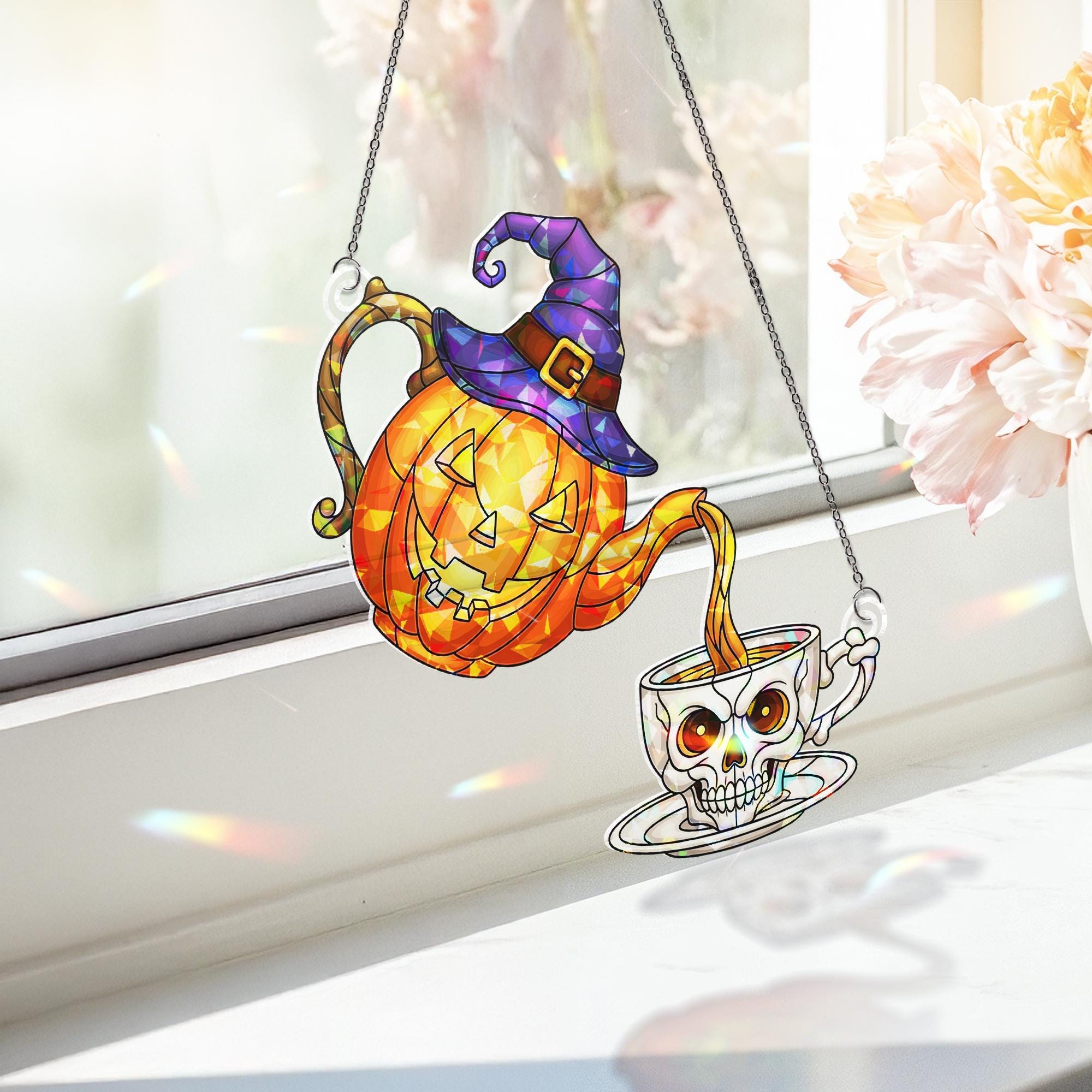Halloween Stained Glass Suncatcher – Pumpkin Teapot & Skull Teacup Window Decor, Witchy Gothic Fall Decoration, Spooky Tea Party Gift
