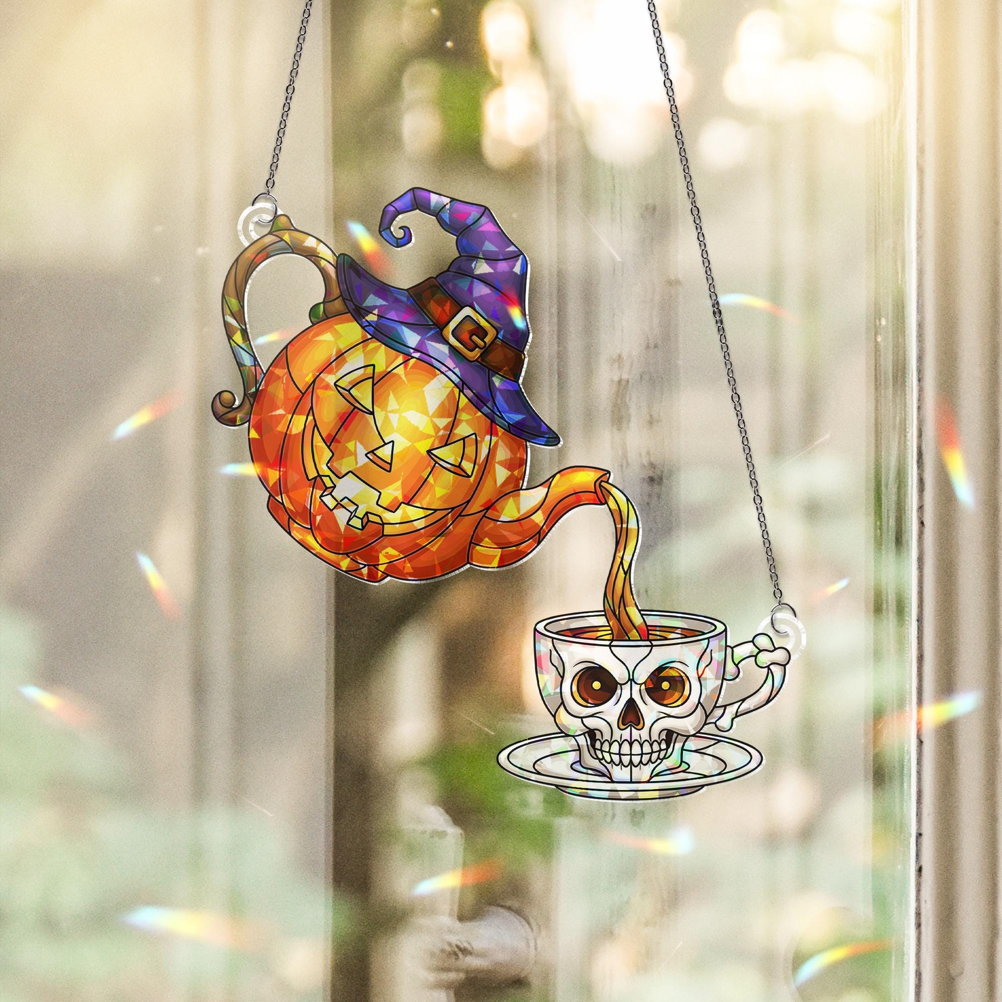 Halloween Stained Glass Suncatcher – Pumpkin Teapot & Skull Teacup Window Decor, Witchy Gothic Fall Decoration, Spooky Tea Party Gift