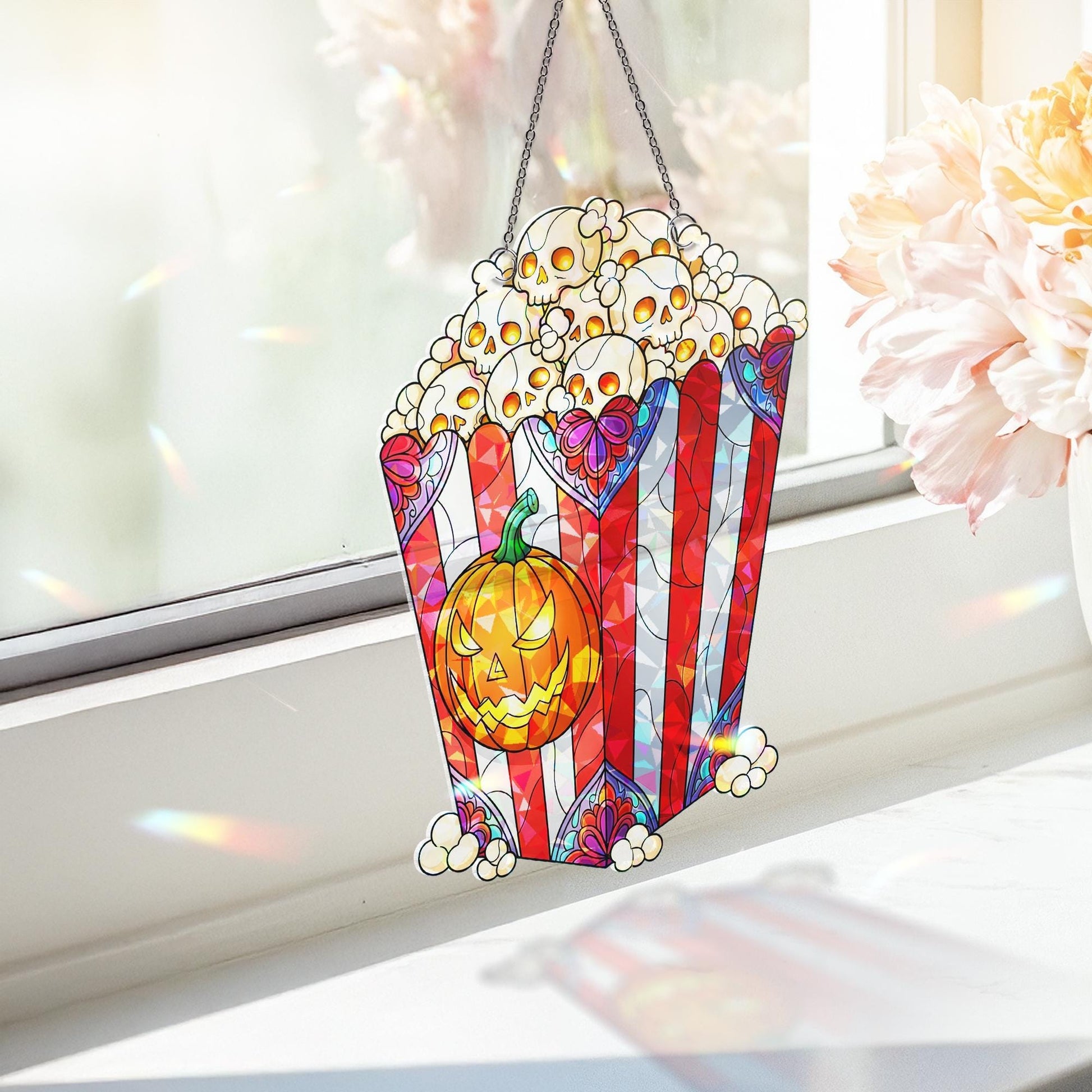 Halloween Popcorn Suncatcher – Stained Glass Skull Popcorn & Pumpkin Window Decor, Spooky Movie Night Hanging Ornament