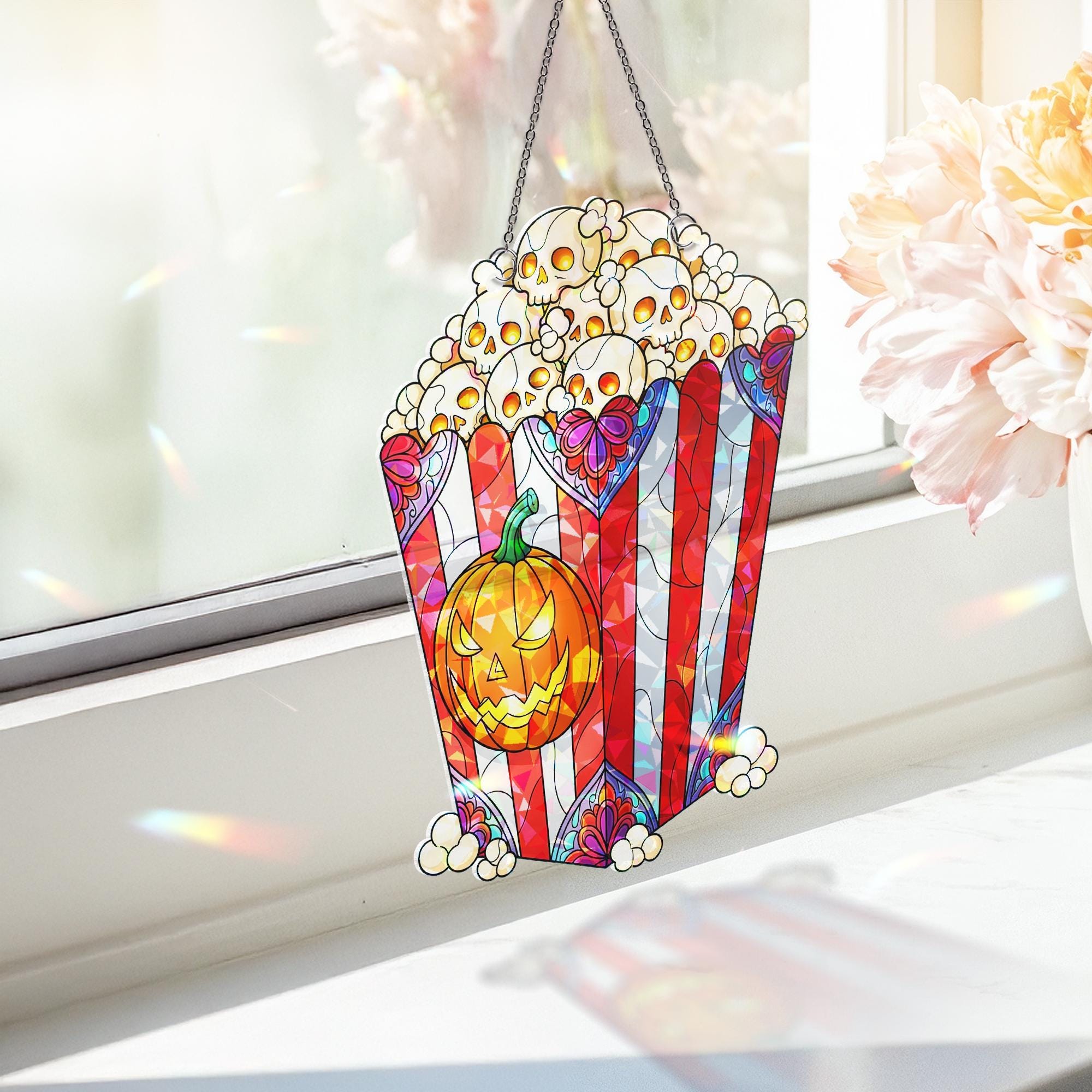 Halloween Popcorn Suncatcher – Stained Glass Skull Popcorn & Pumpkin Window Decor, Spooky Movie Night Hanging Ornament