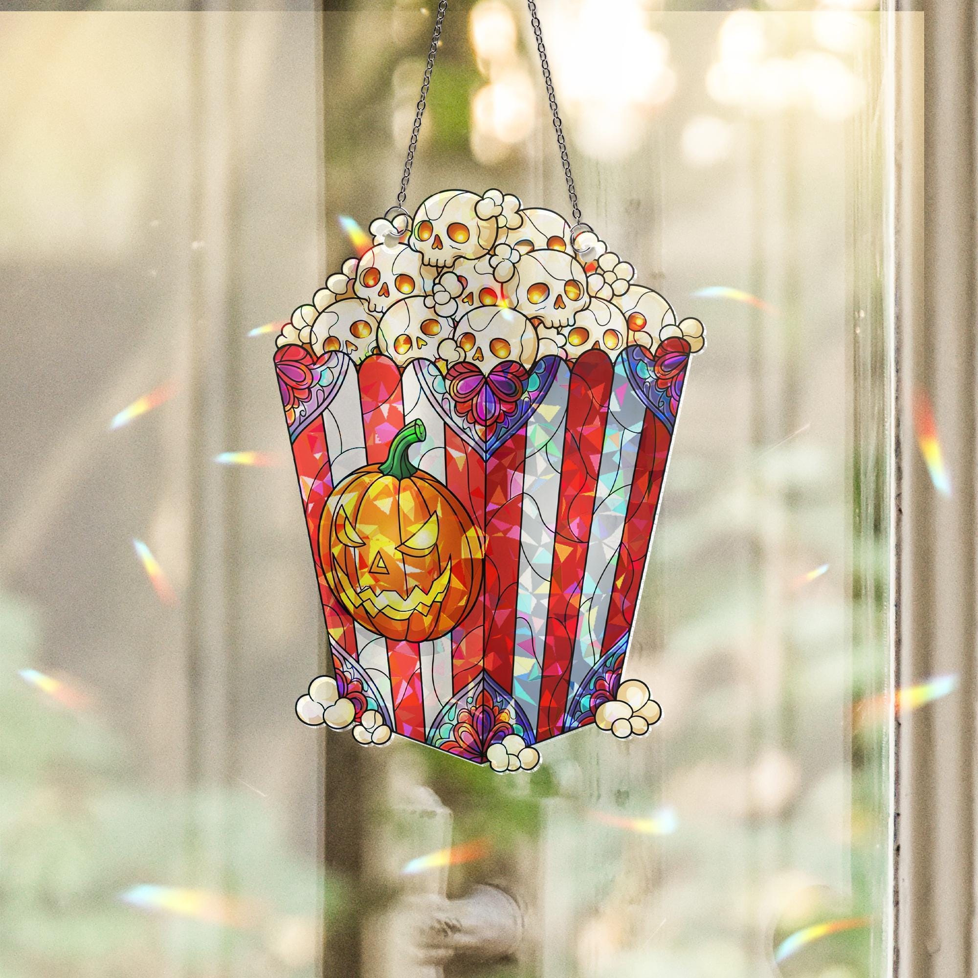 Halloween Popcorn Suncatcher – Stained Glass Skull Popcorn & Pumpkin Window Decor, Spooky Movie Night Hanging Ornament