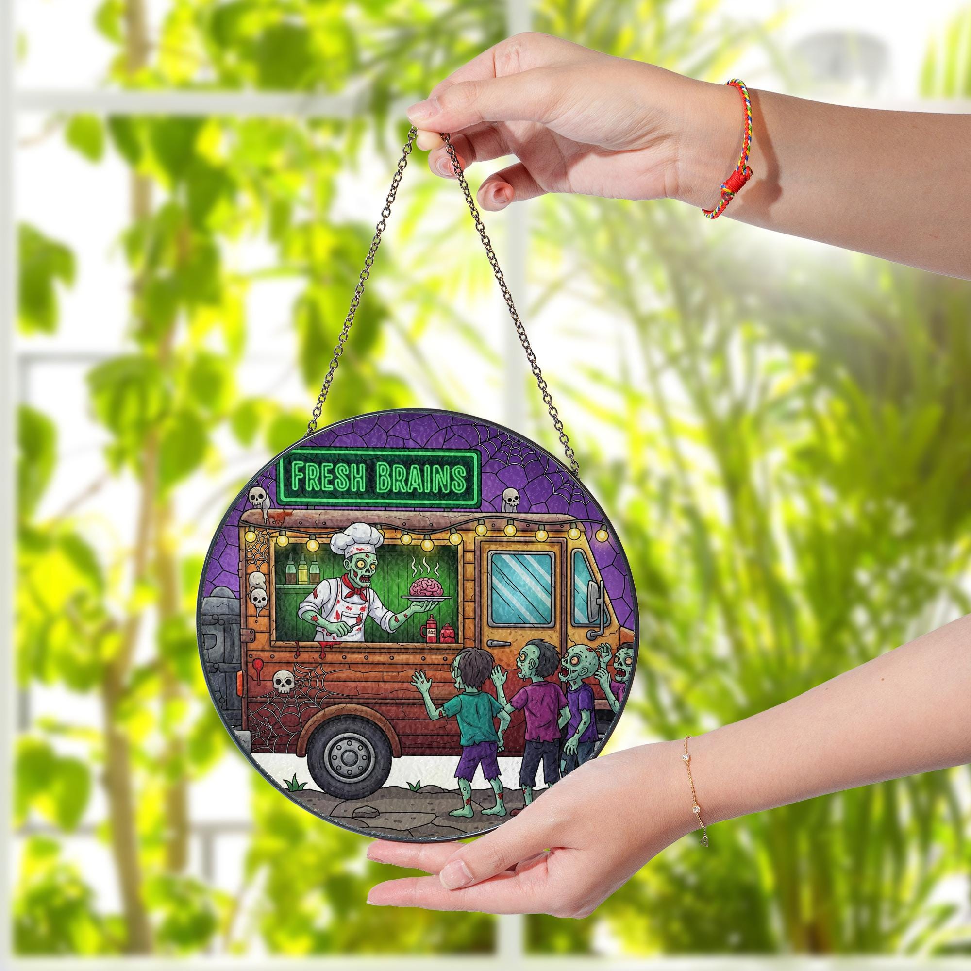 Zombie Food Truck Suncatcher – Fresh Brains Halloween Stained Glass Decor, Spooky Undead Window Hanging, Funny Horror Gift