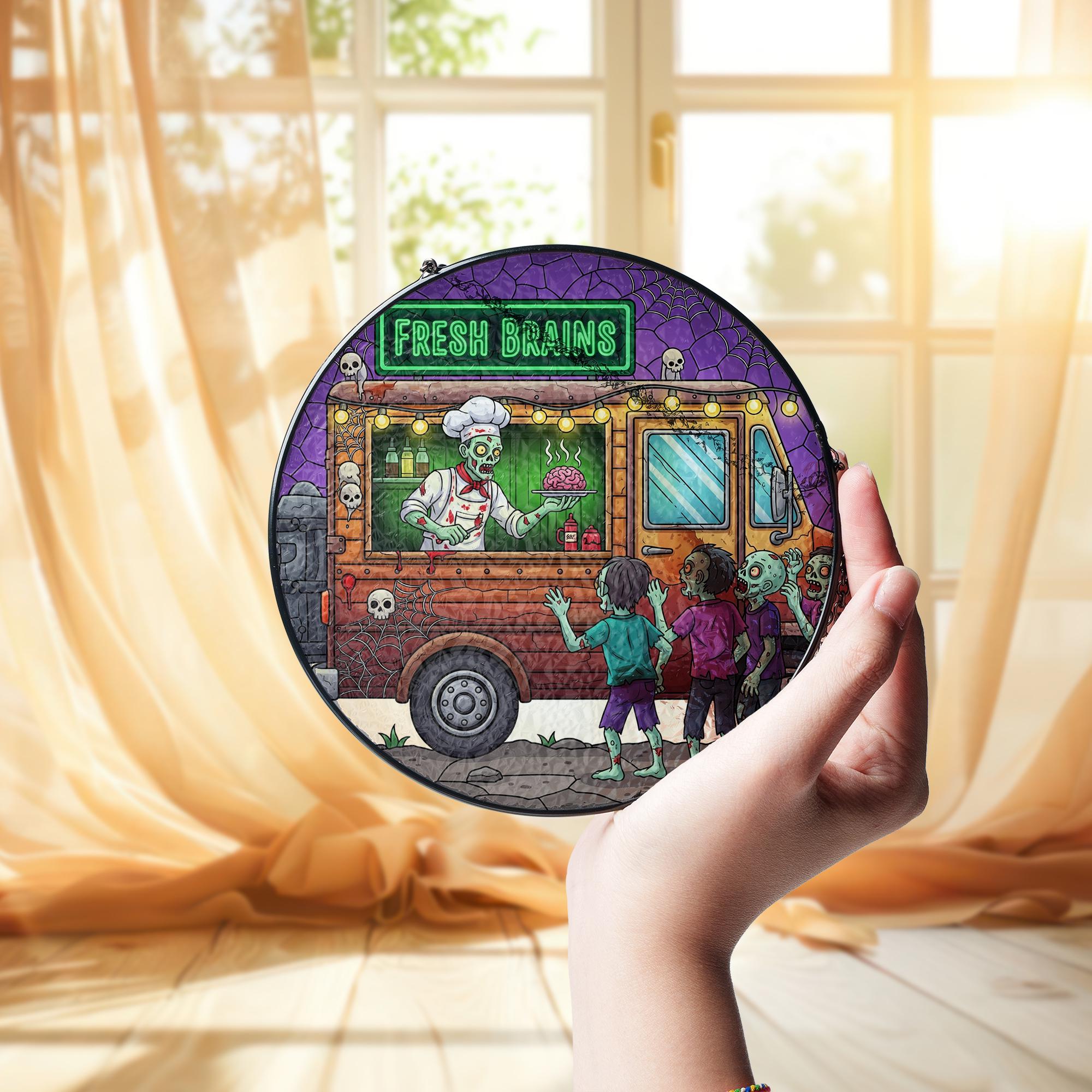Zombie Food Truck Suncatcher – Fresh Brains Halloween Stained Glass Decor, Spooky Undead Window Hanging, Funny Horror Gift
