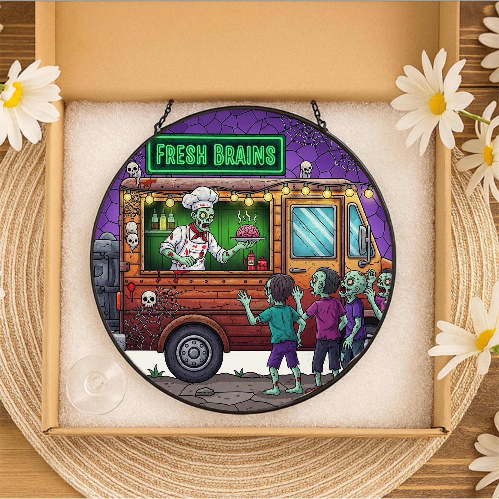 Zombie Food Truck Suncatcher – Fresh Brains Halloween Stained Glass Decor, Spooky Undead Window Hanging, Funny Horror Gift