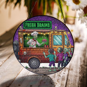 Zombie Food Truck Suncatcher – Fresh Brains Halloween Stained Glass Decor, Spooky Undead Window Hanging, Funny Horror Gift
