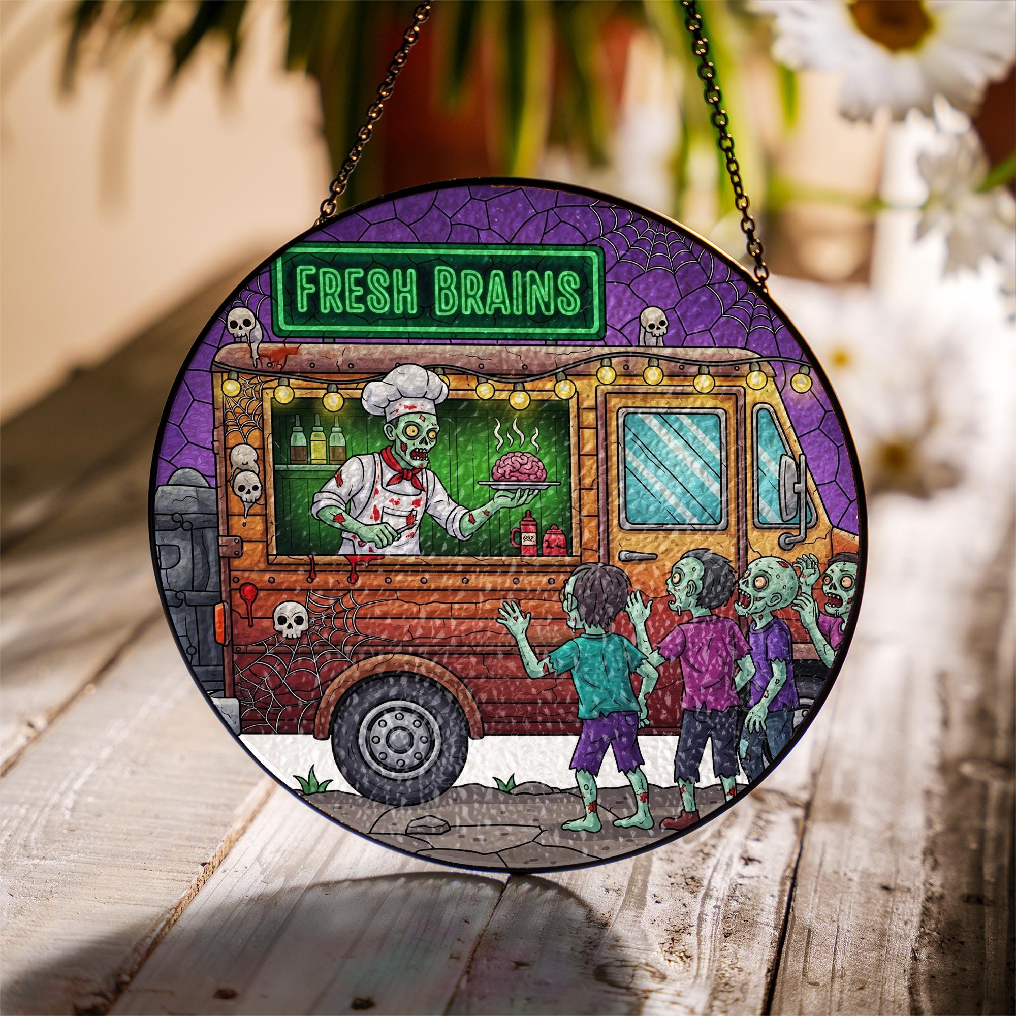 Zombie Food Truck Suncatcher – Fresh Brains Halloween Stained Glass Decor, Spooky Undead Window Hanging, Funny Horror Gift