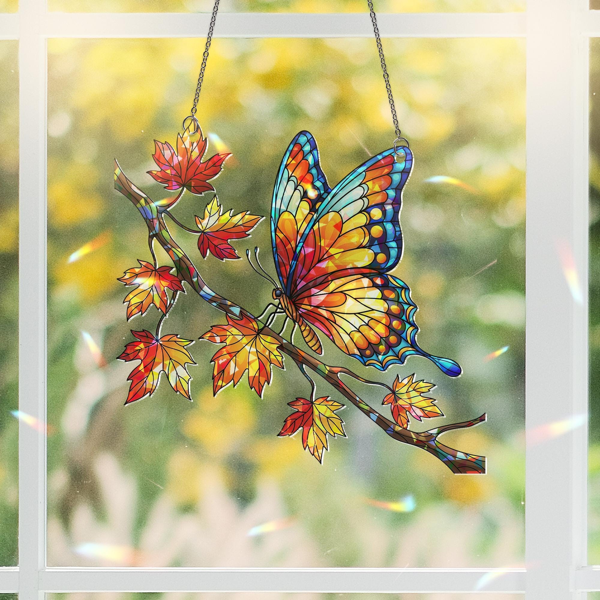 Autumn Butterfly Suncatcher – Stained Glass Fall Window Hanging, Colorful Maple Leaf Decor, Nature Lover Gift