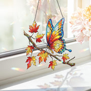 Autumn Butterfly Suncatcher – Stained Glass Fall Window Hanging, Colorful Maple Leaf Decor, Nature Lover Gift