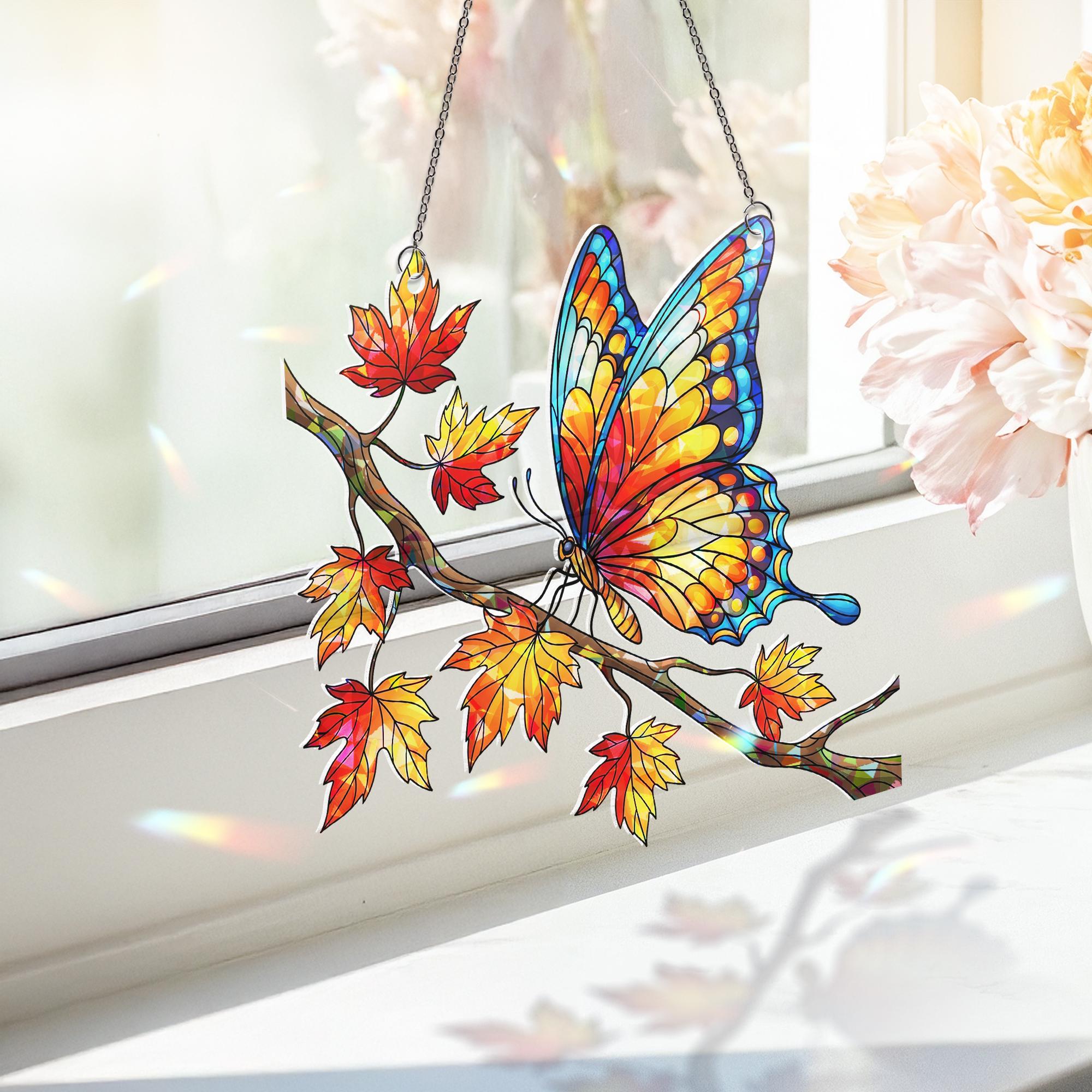 Autumn Butterfly Suncatcher – Stained Glass Fall Window Hanging, Colorful Maple Leaf Decor, Nature Lover Gift