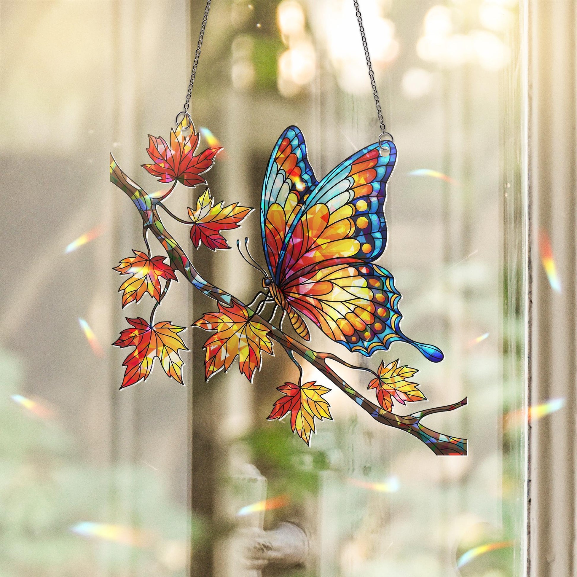Autumn Butterfly Suncatcher – Stained Glass Fall Window Hanging, Colorful Maple Leaf Decor, Nature Lover Gift
