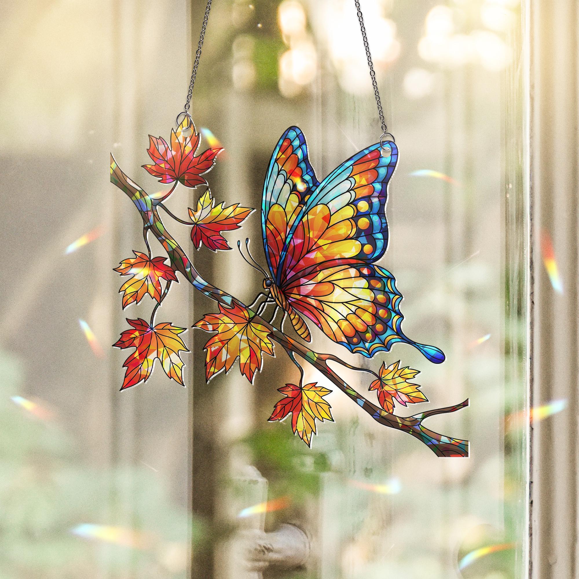 Autumn Butterfly Suncatcher – Stained Glass Fall Window Hanging, Colorful Maple Leaf Decor, Nature Lover Gift