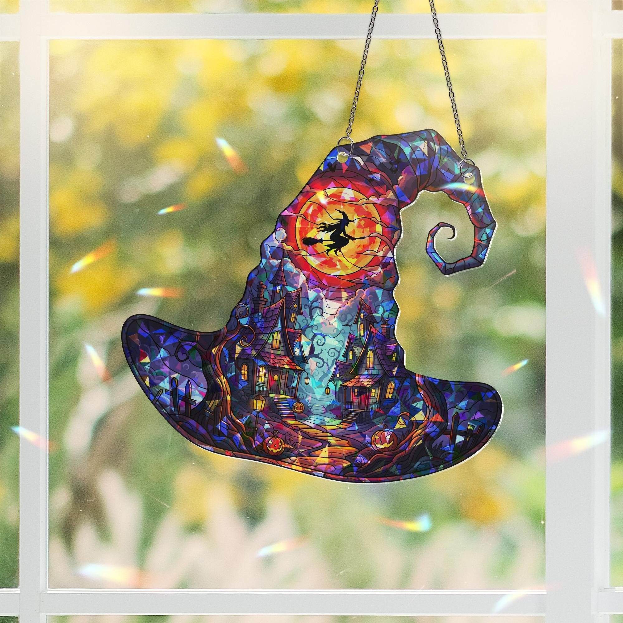 Witch Hat Halloween Suncatcher – Stained Glass Haunted House Window Decor, Flying Witch Autumn Hanging Ornament