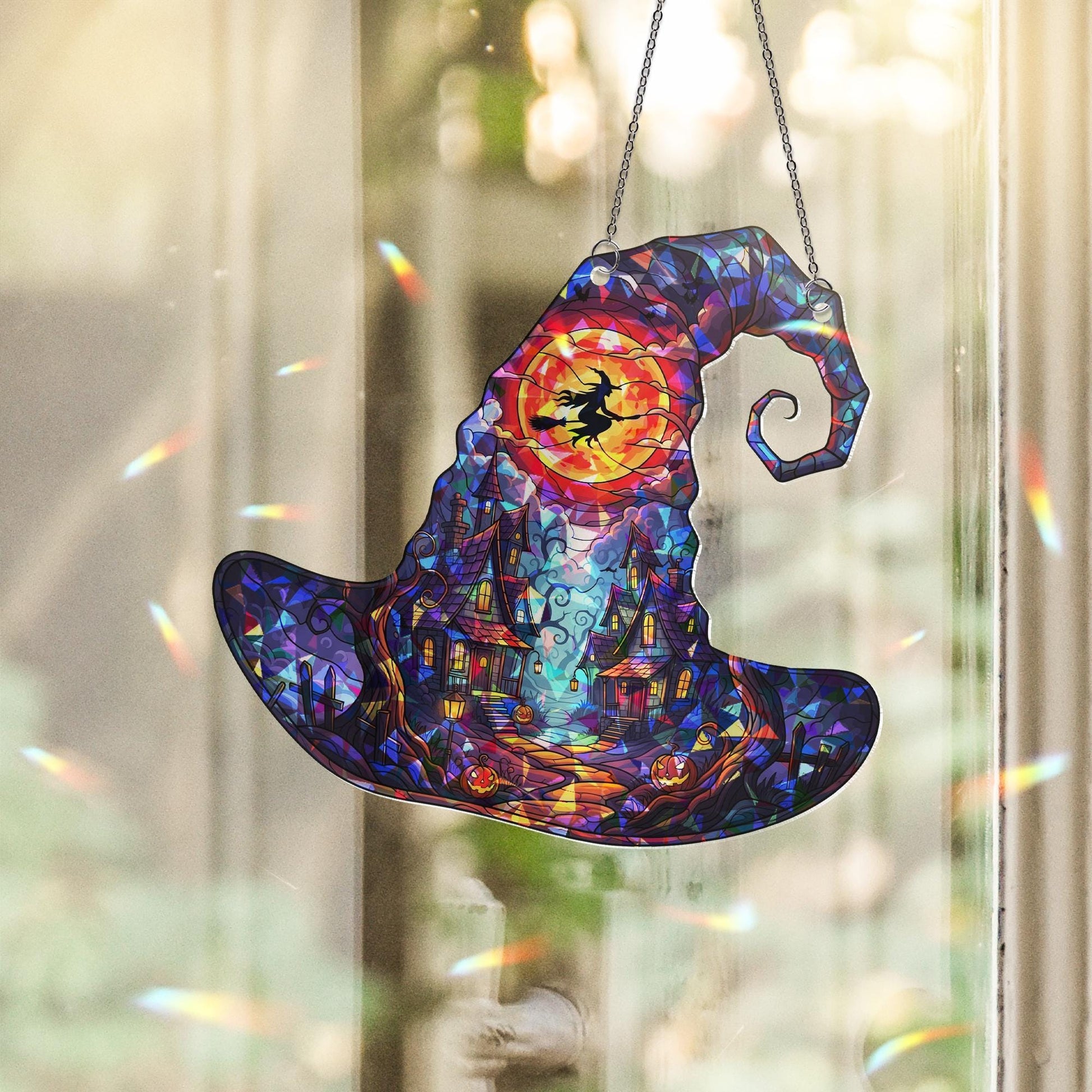 Witch Hat Halloween Suncatcher – Stained Glass Haunted House Window Decor, Flying Witch Autumn Hanging Ornament