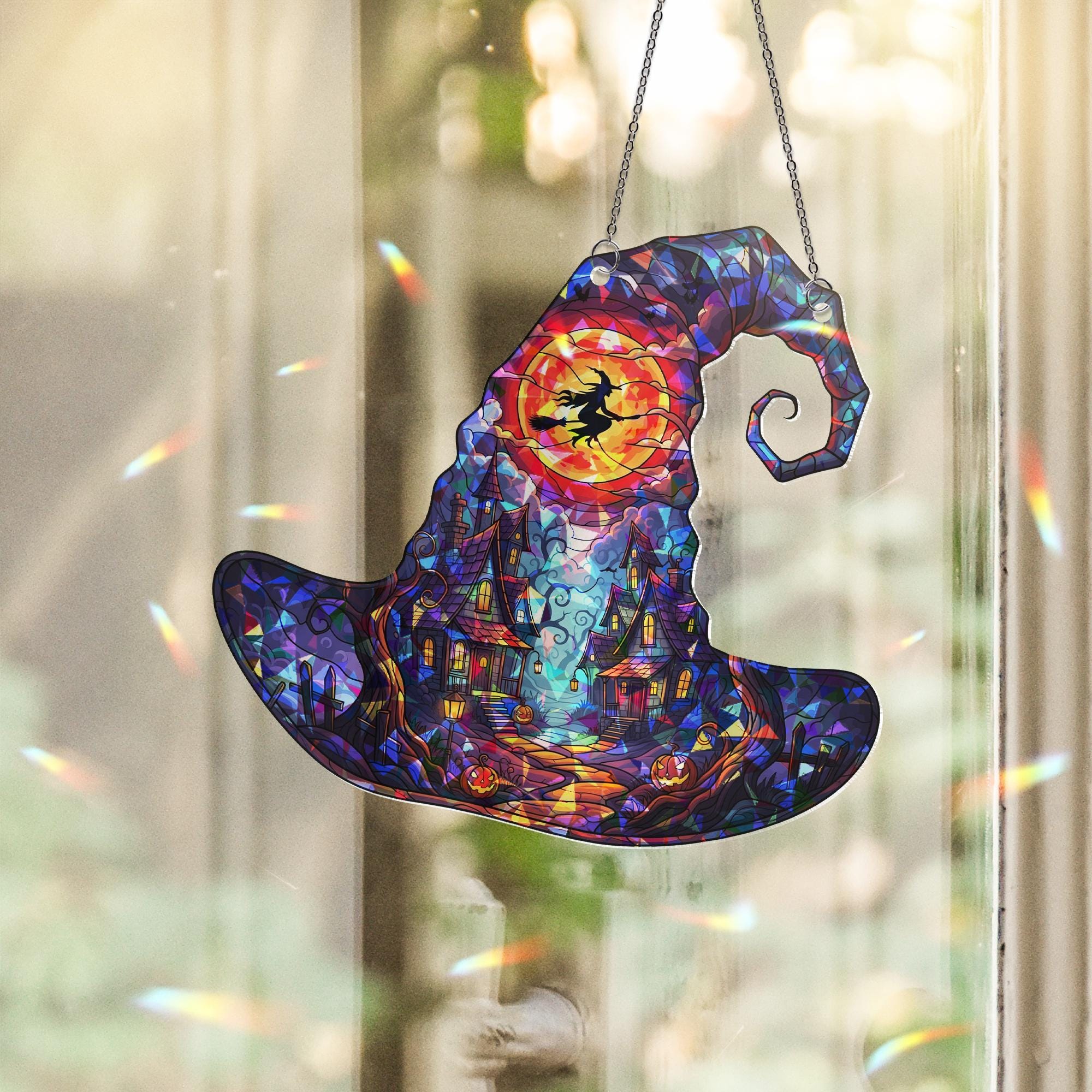 Witch Hat Halloween Suncatcher – Stained Glass Haunted House Window Decor, Flying Witch Autumn Hanging Ornament