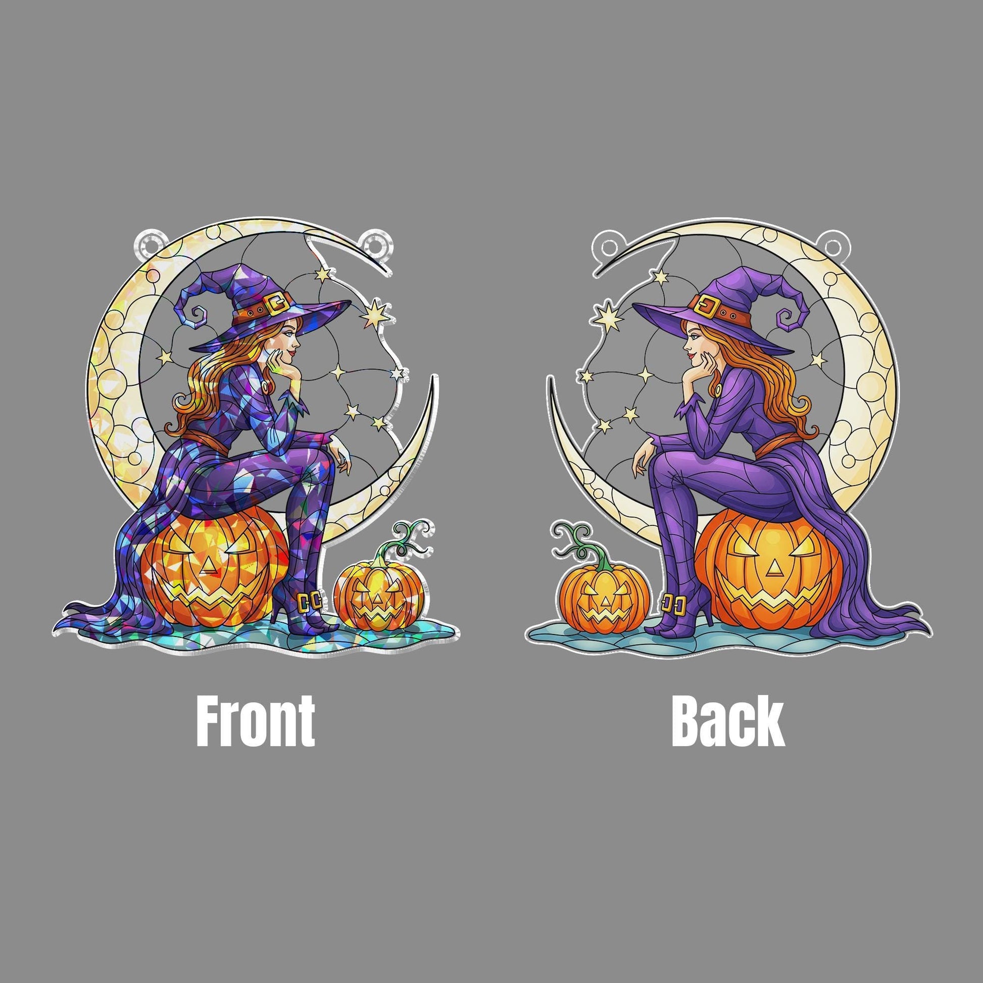 Witch Moon Suncatcher – Halloween Stained Glass Window Hanging, Pumpkin Crescent Moon Decor, Spooky Fall Ornament