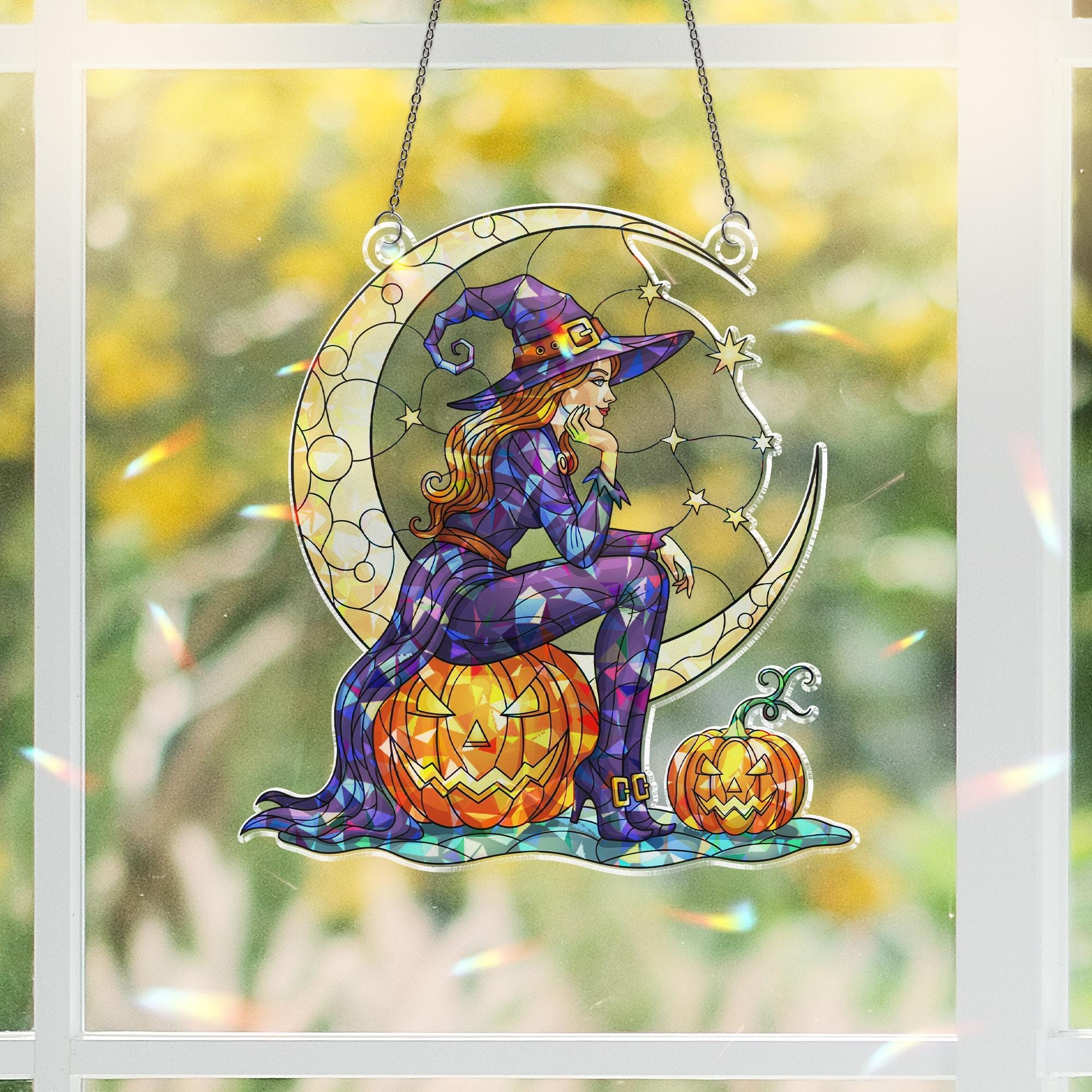 Witch Moon Suncatcher – Halloween Stained Glass Window Hanging, Pumpkin Crescent Moon Decor, Spooky Fall Ornament