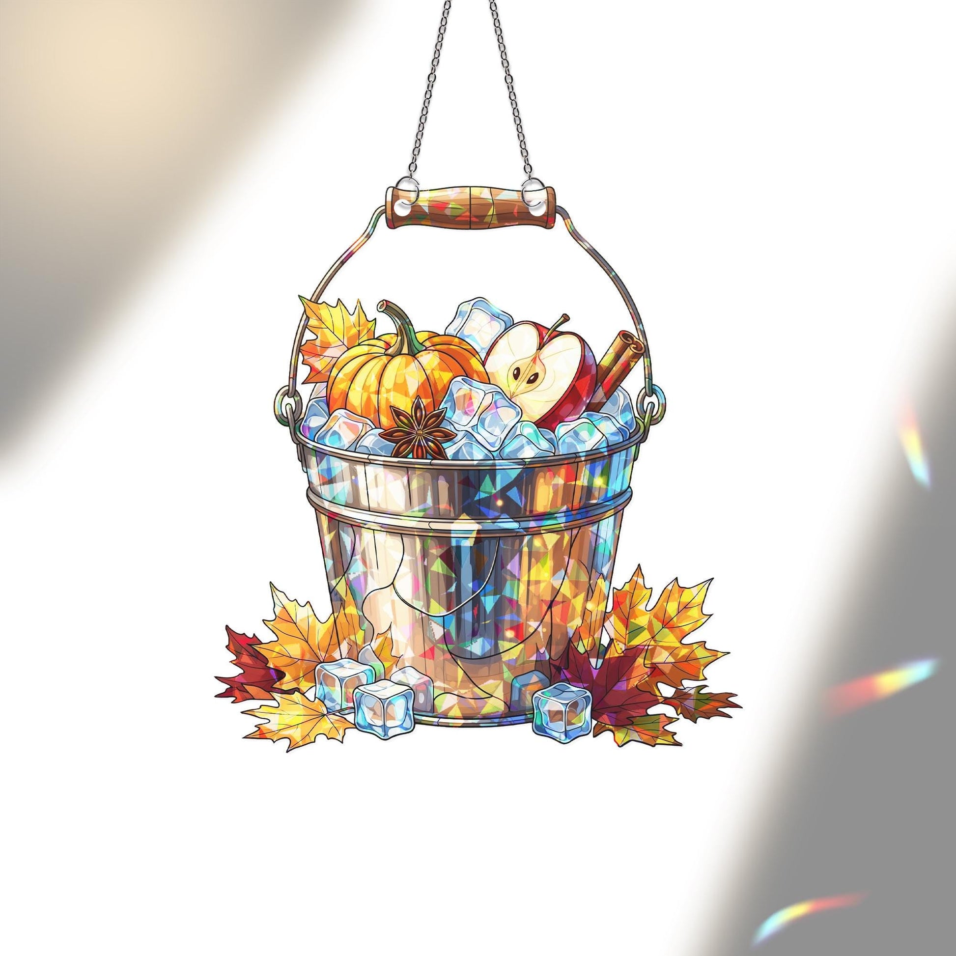 Fall Harvest Bucket Suncatcher – Autumn Apple Pumpkin Stained Glass Window Hanging, Rustic Farmhouse Fall Decor