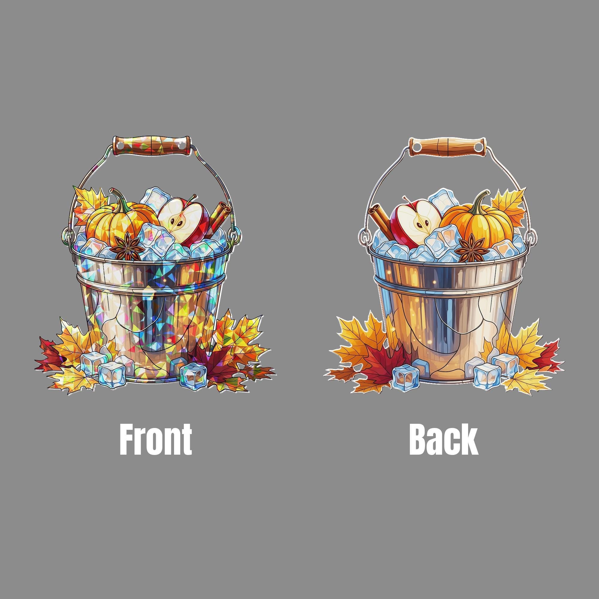 Fall Harvest Bucket Suncatcher – Autumn Apple Pumpkin Stained Glass Window Hanging, Rustic Farmhouse Fall Decor