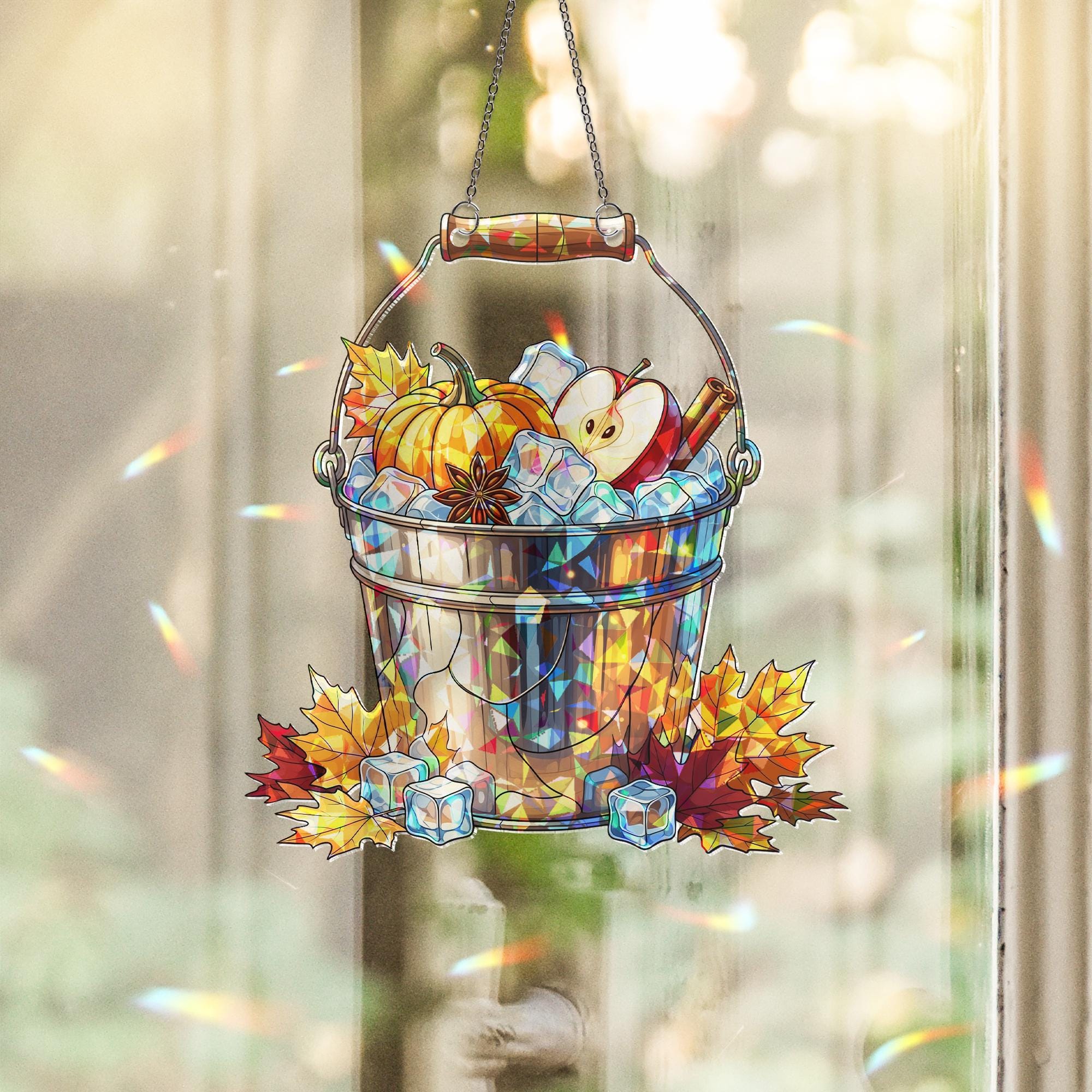 Fall Harvest Bucket Suncatcher – Autumn Apple Pumpkin Stained Glass Window Hanging, Rustic Farmhouse Fall Decor
