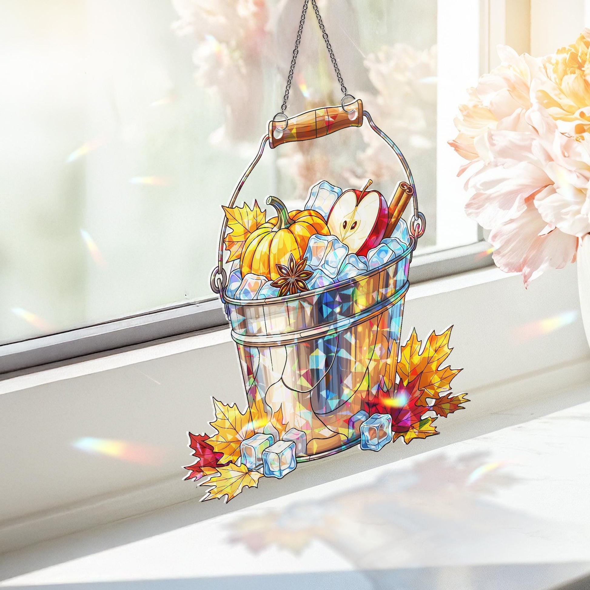 Fall Harvest Bucket Suncatcher – Autumn Apple Pumpkin Stained Glass Window Hanging, Rustic Farmhouse Fall Decor