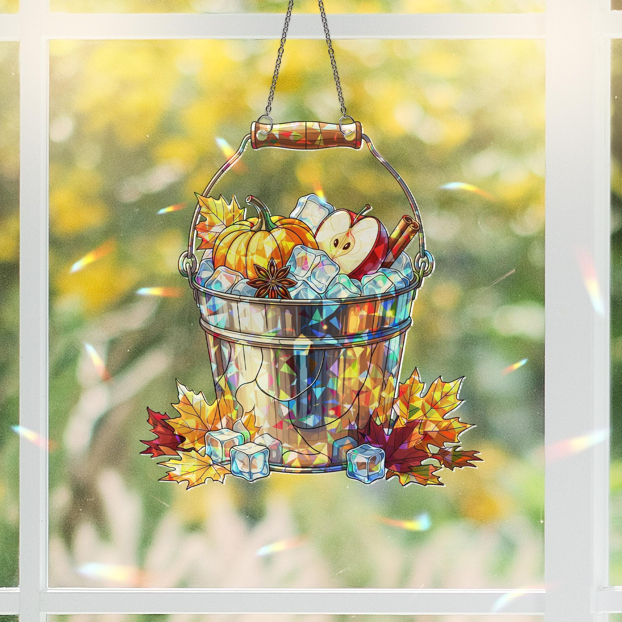 Fall Harvest Bucket Suncatcher – Autumn Apple Pumpkin Stained Glass Window Hanging, Rustic Farmhouse Fall Decor