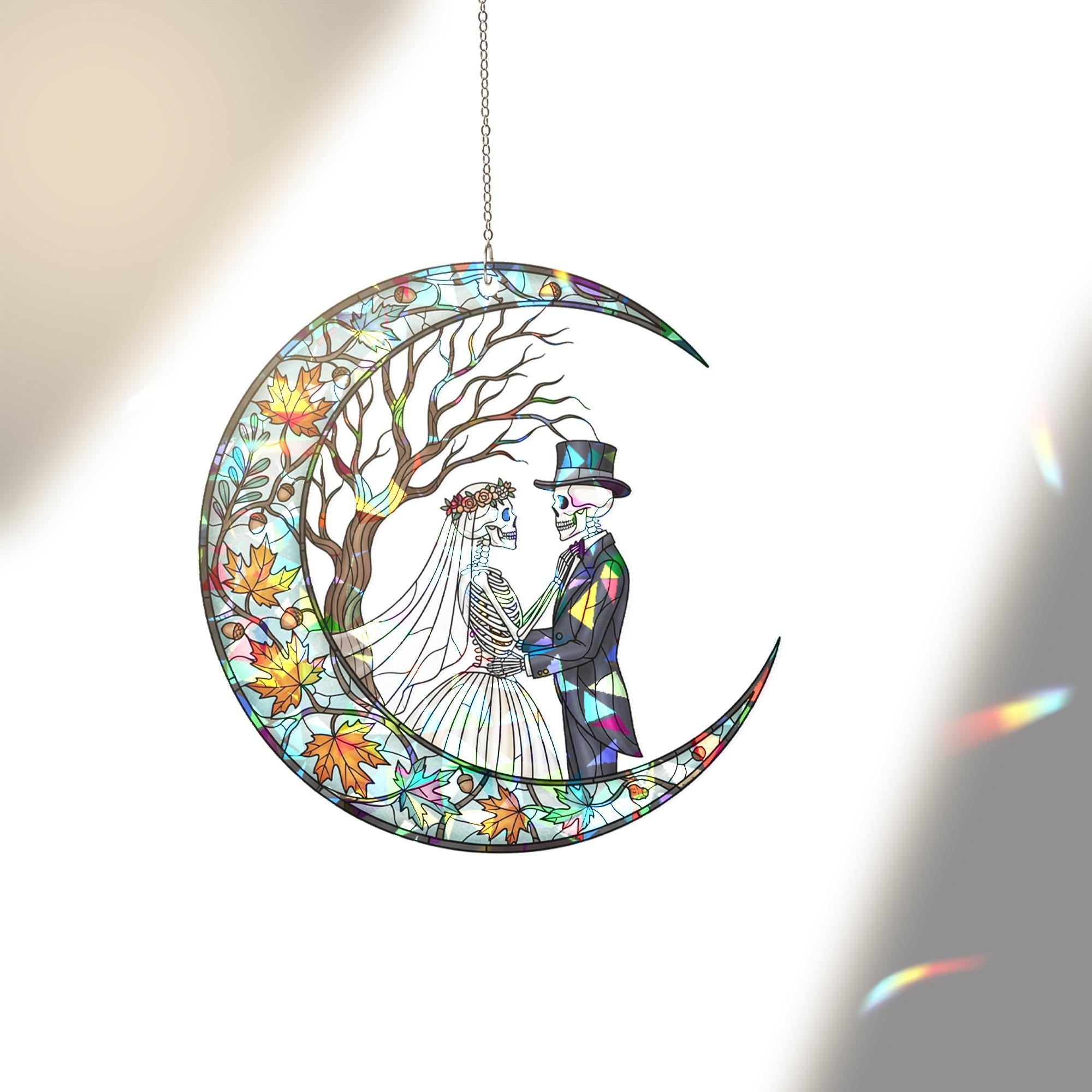 Skeleton Couple Moon Suncatcher – Gothic Stained Glass Wedding Decor, Day of the Dead Love Window Hanging