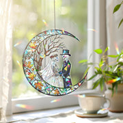 Skeleton Couple Moon Suncatcher – Gothic Stained Glass Wedding Decor, Day of the Dead Love Window Hanging