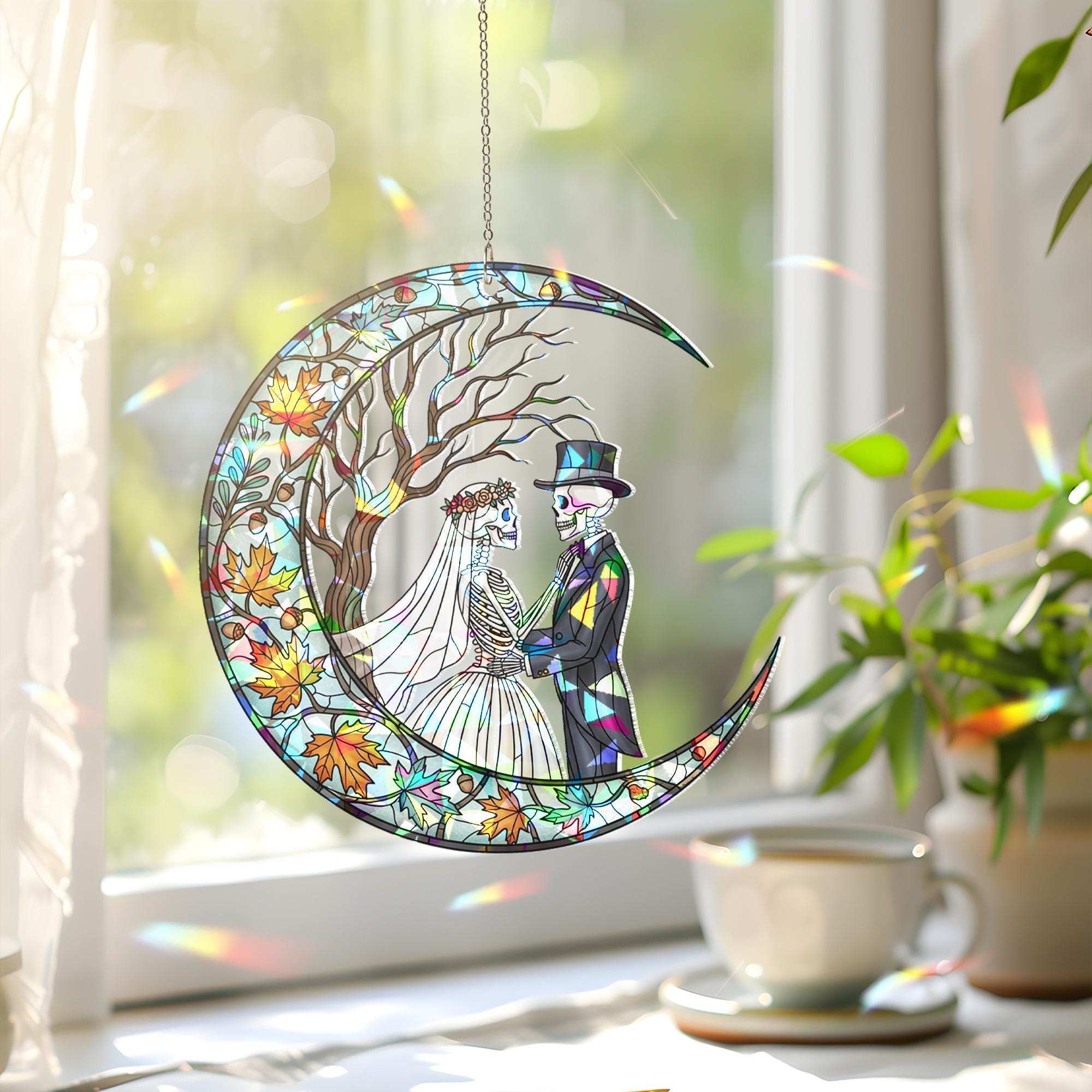 Skeleton Couple Moon Suncatcher – Gothic Stained Glass Wedding Decor, Day of the Dead Love Window Hanging
