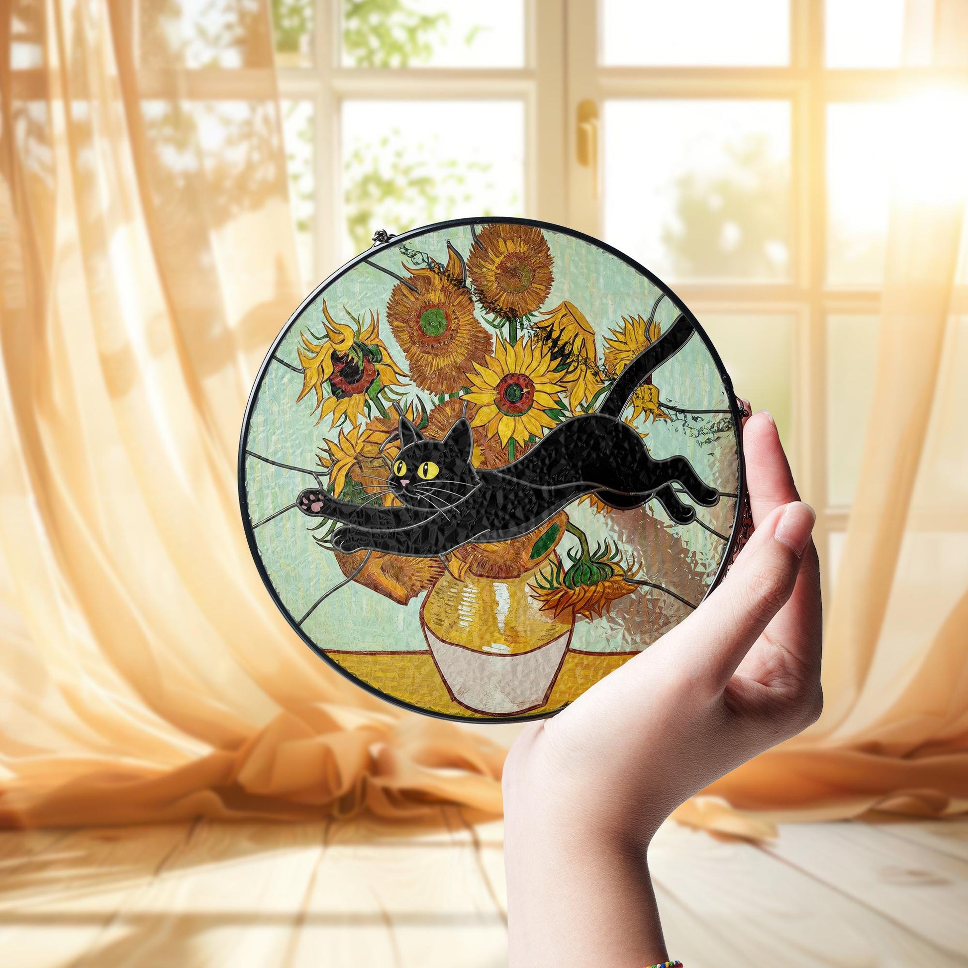 Black Cat Glass Suncatcher – Funny Cat Jumping Through Van Gogh Sunflowers Window Hanging, Cat Lover Gift Decor, Black Cat Planter Decor