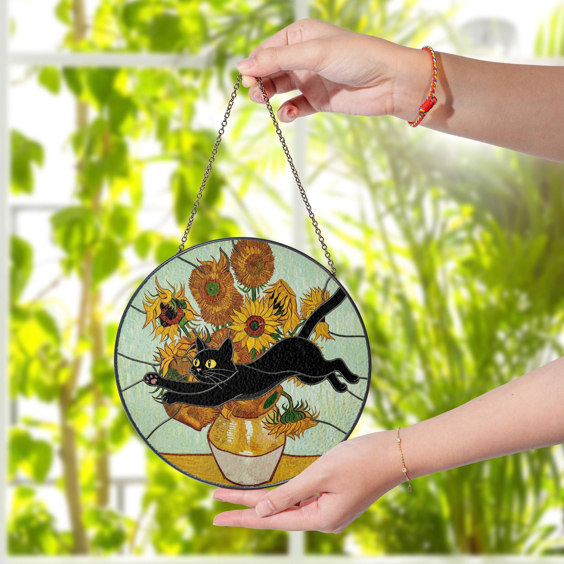 Black Cat Glass Suncatcher – Funny Cat Jumping Through Van Gogh Sunflowers Window Hanging, Cat Lover Gift Decor, Black Cat Planter Decor