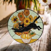 Black Cat Glass Suncatcher – Funny Cat Jumping Through Van Gogh Sunflowers Window Hanging, Cat Lover Gift Decor, Black Cat Planter Decor