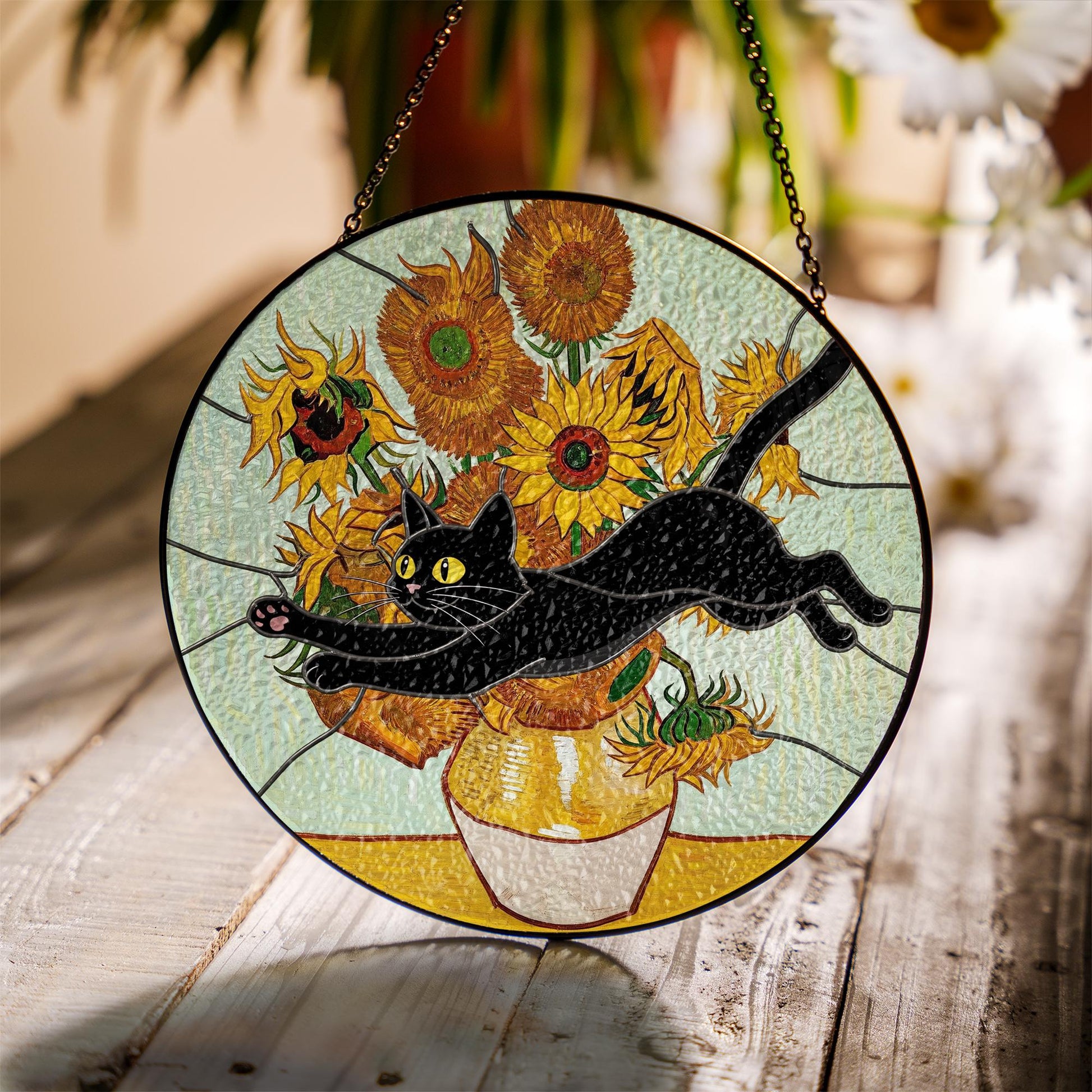 Black Cat Glass Suncatcher – Funny Cat Jumping Through Van Gogh Sunflowers Window Hanging, Cat Lover Gift Decor, Black Cat Planter Decor