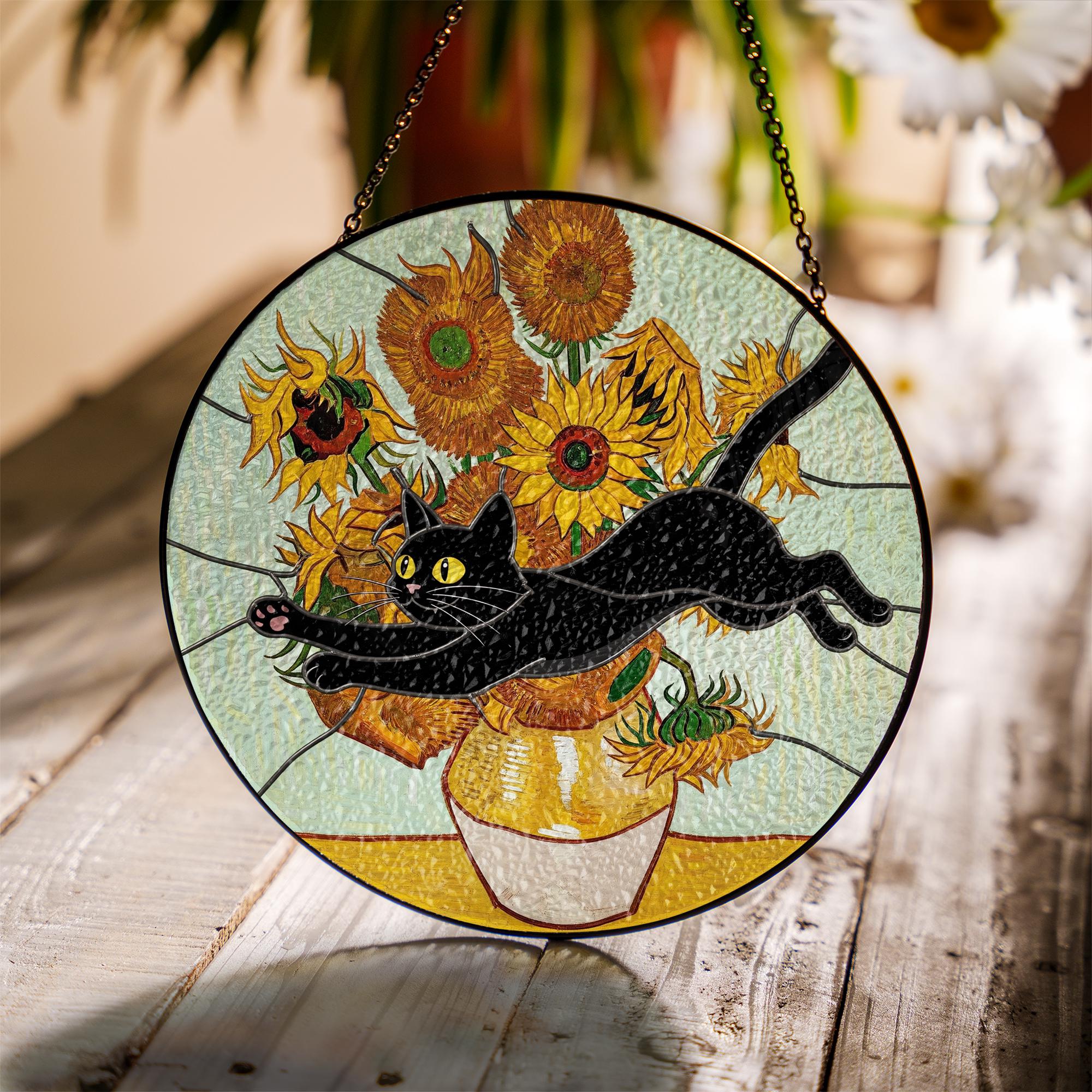 Black Cat Glass Suncatcher – Funny Cat Jumping Through Van Gogh Sunflowers Window Hanging, Cat Lover Gift Decor, Black Cat Planter Decor