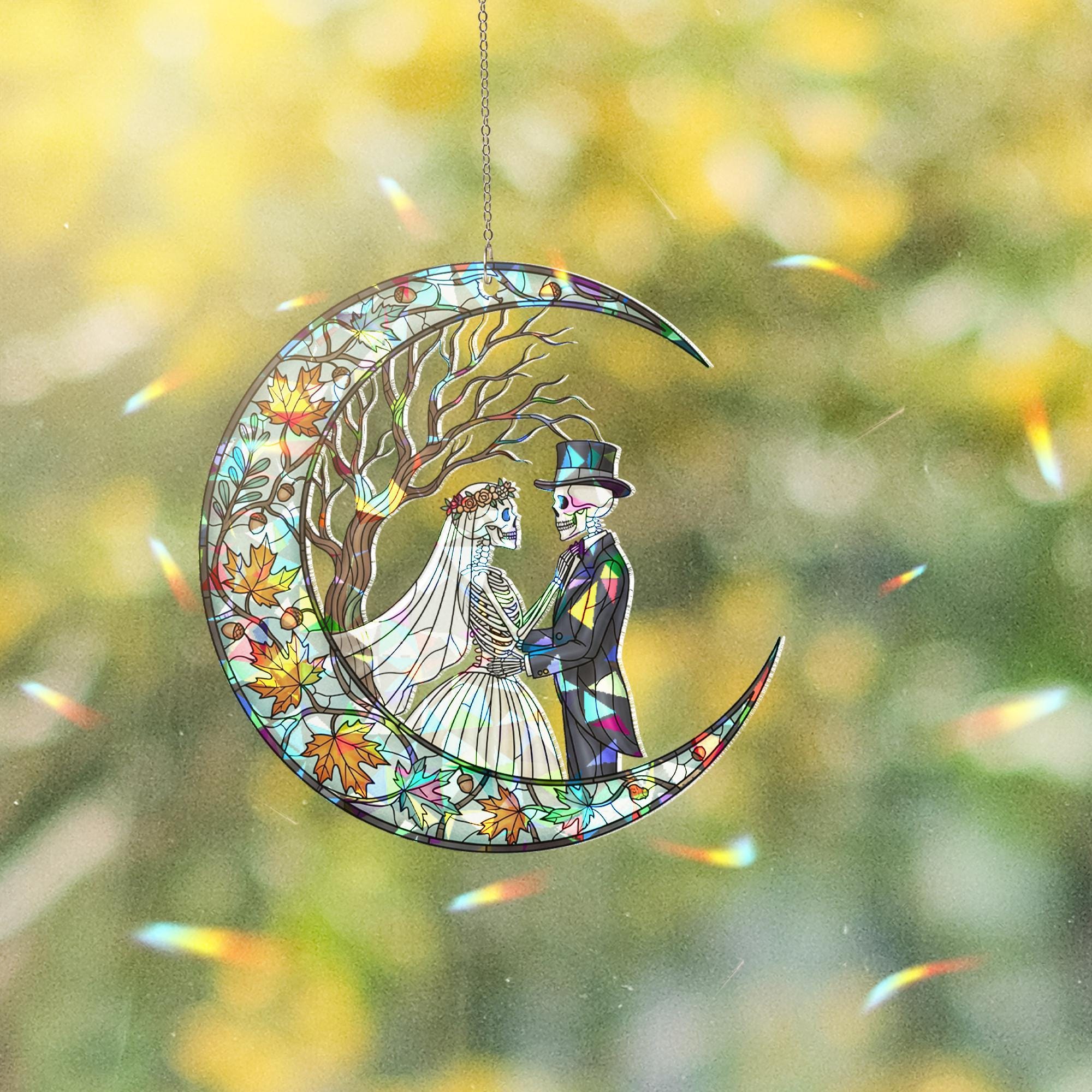 Skeleton Couple Moon Suncatcher – Gothic Stained Glass Wedding Decor, Day of the Dead Love Window Hanging