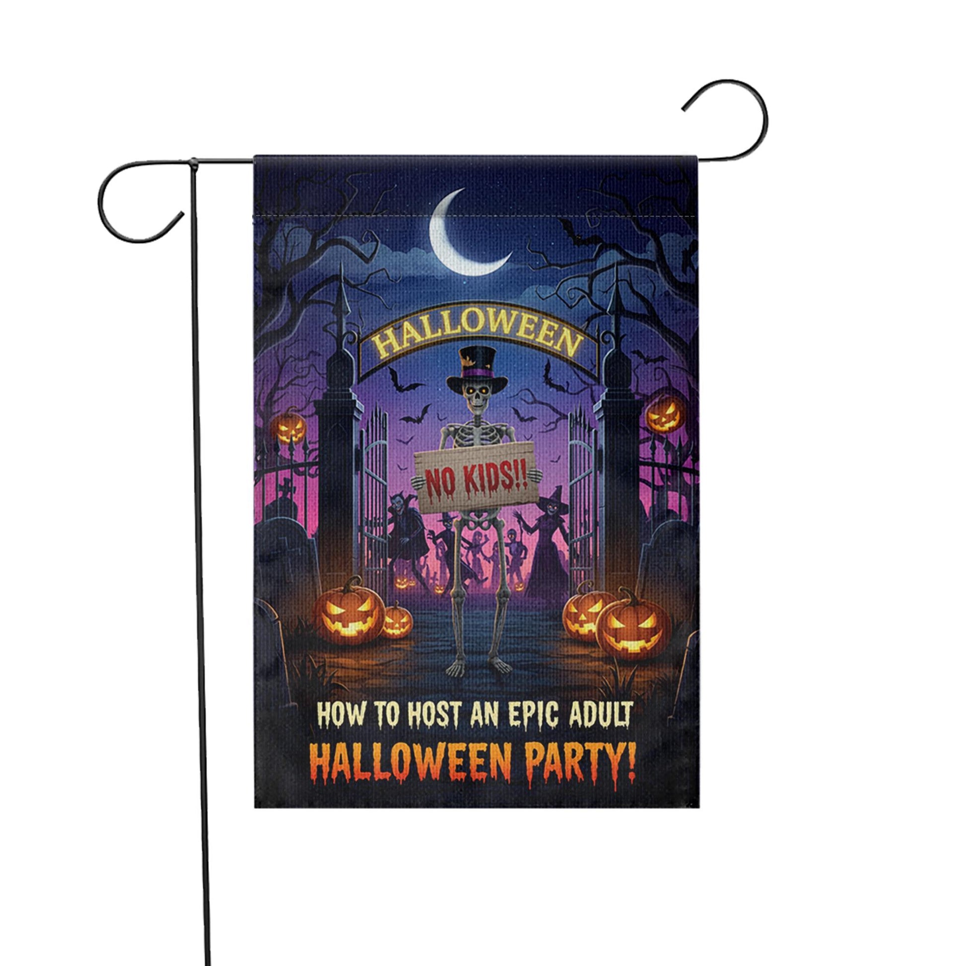 Funny Adult Halloween Garden Flag – No Kids Party Yard Sign, Spooky Skeleton Decor for Adults Only